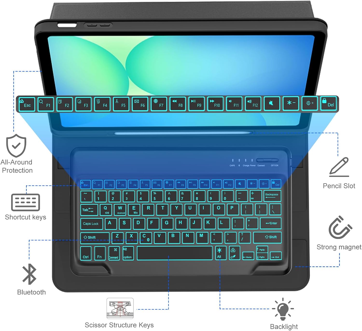 for Samsung Galaxy Tab S10 FE+ Plus 13.1'' 2025 Keyboard Case, 7 Color Backlit,Detachable Wireless Bluetooth Keyboard for Galaxy Tablet S10FE+ Case Samsung Tab S10 FE Plus Keypad with Pen Holder,Black