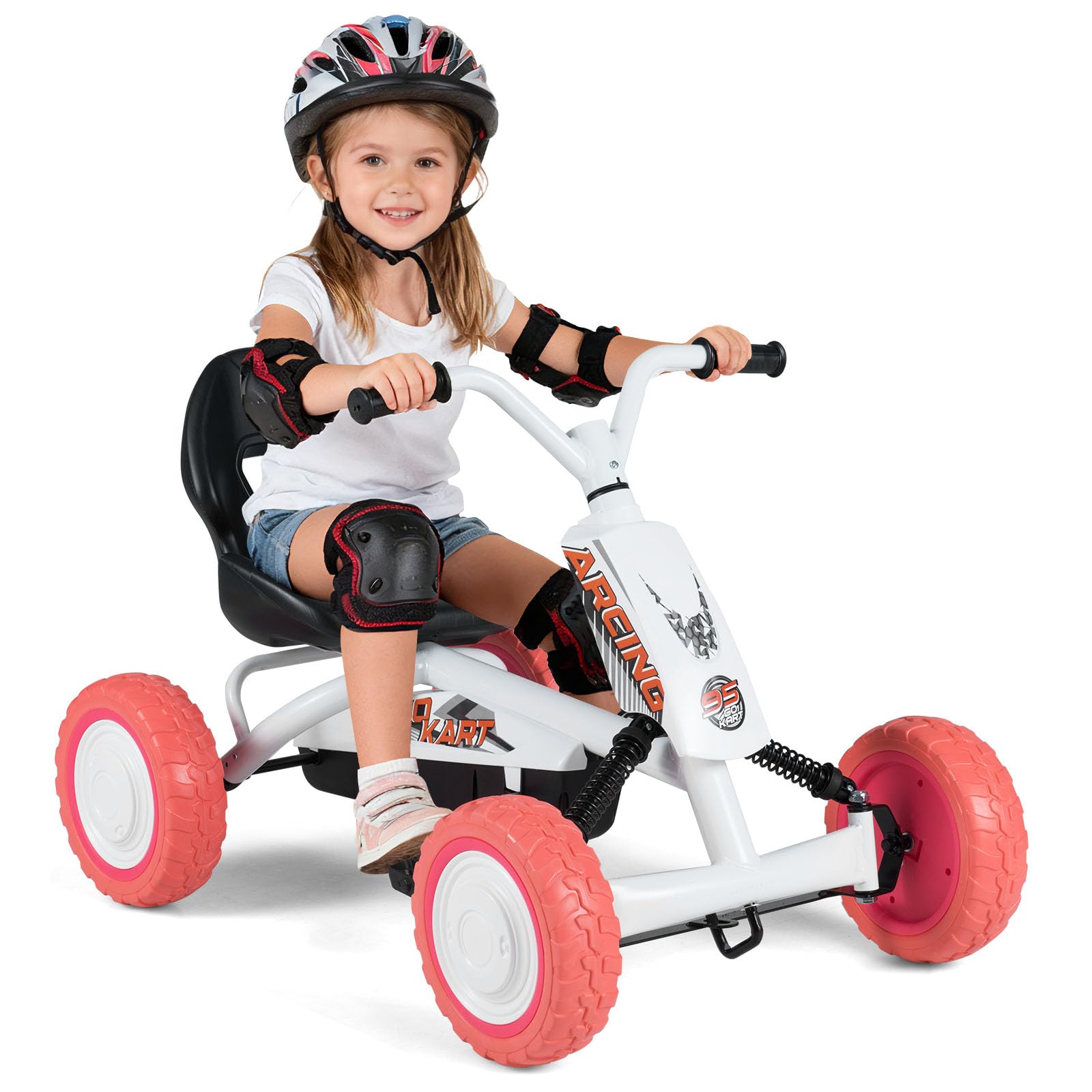 DREAMADE Kart à Pédales pour Enfants avec Siège Réglable 2 Positions, 4 Roues Résistantes à l'usure, Angle de Sécurité Limité, Karting Enfant pour Garçons et Filles de 3+ Ans, Charge 30 kg (Blanc)