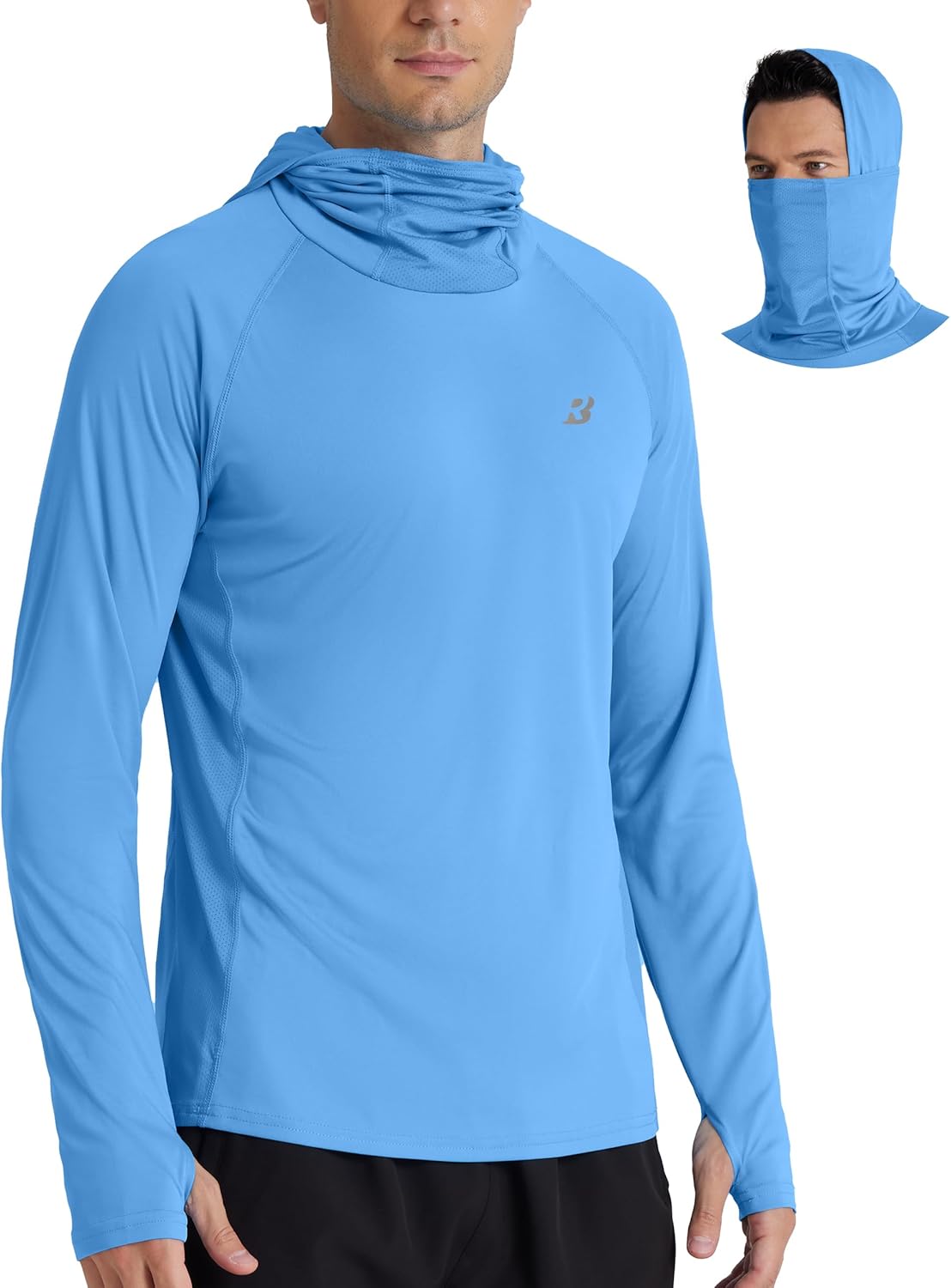 Roadbox UPF 50+ Men's Hooded Fishing Shirts, Long Sleeve UV Sun Protection Hoodie Hiking Running Swim Rash Guard with Mask