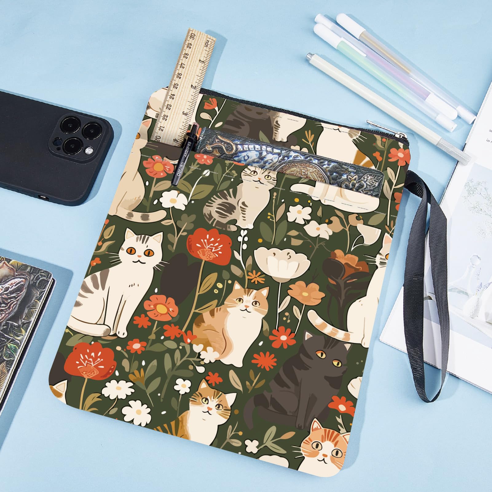 CRASPIRE Cat Book Covers Flower Book Protector Plant Book Sleeve for Paperbacks Washable Fabric Cloth Book Cover with Zipper and Extra Sleeve Pocket for Book Lovers Classmate Gifts - Image 4