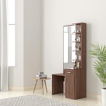 Furnilife Dressing Table with Mirror 1 Drawer for Bedroom - Brown Color(WxHxD): 76x175x40.5 cm, Suitable for Bedroom, Laundry Room, Closet, etc.