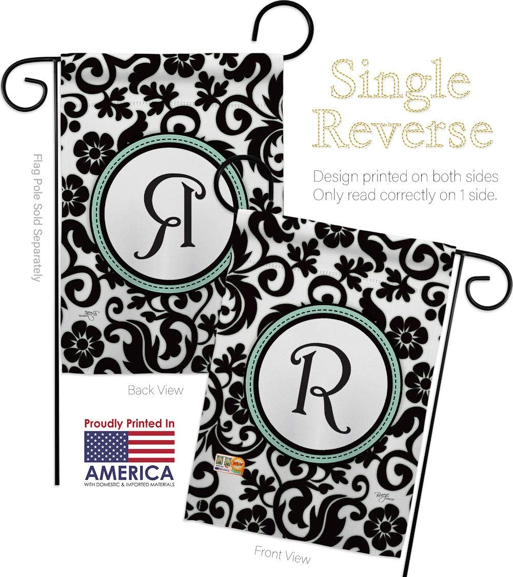 Damask R Initial Garden Flag Set Wall Holder Monogram Country Living Simply Beauty Floral Vintage Letter Everday Classic Small Decorative Gift Yard House Banner Made In USA 13 X 18.5