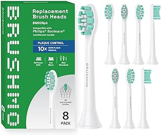 Brushmo Plaque Control Replacement Toothbrush Heads, Compatible with Philips Sonicare Click-on Electric Toothbrush Handles, 8 Standard Replacement Heads, Soft Dupont Bristles, BM928, White