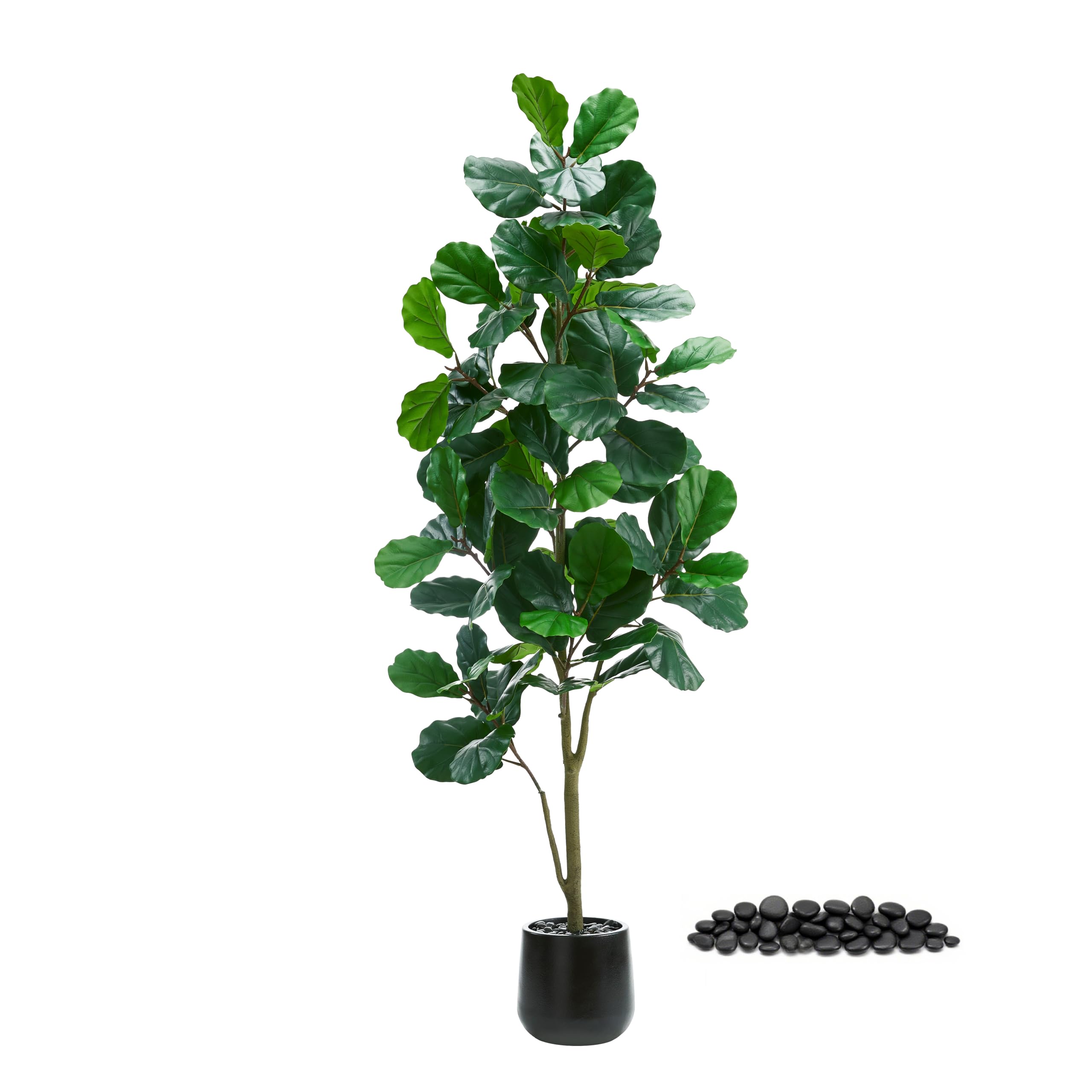 TNGGNT Artificial Fiddle Leaf Fig Tree：6FT Tall Faux Ficus Lyrata Plant Fake Fig Trees Realistic Green Silk Large Leaves with Natural Trunks & Pebbles