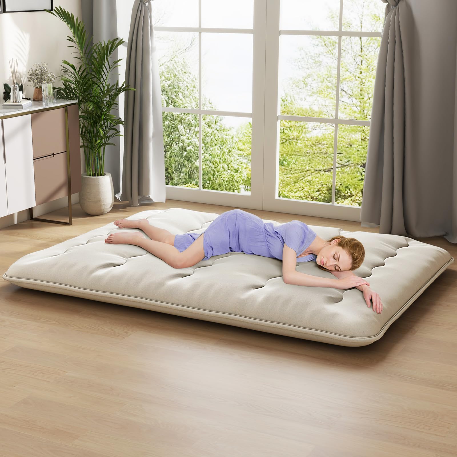 Multigot Floor Futon Mattress, 10cm Thick Roll Up Japanese Sleeping Pad with Carry Bag and Washable Cover, Folding Tatami Mat Lounger Guest Bed for Bedroom Guest Room Dormitory (Beige, King) โ image 1