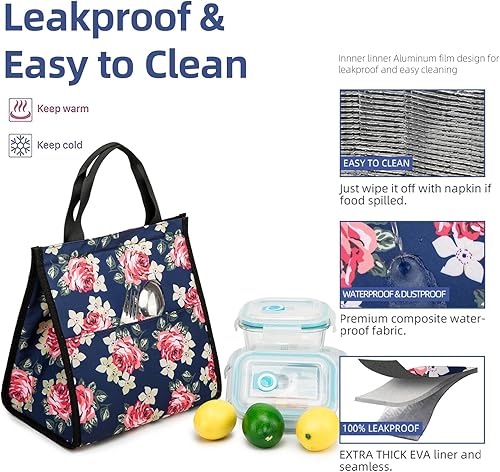 Miniatura 3 de Yobagar Bolsa de almuerzo reutilizable con aislamiento térmico para hombres y mujeres, ligera, elegante, poliéster, azul floral