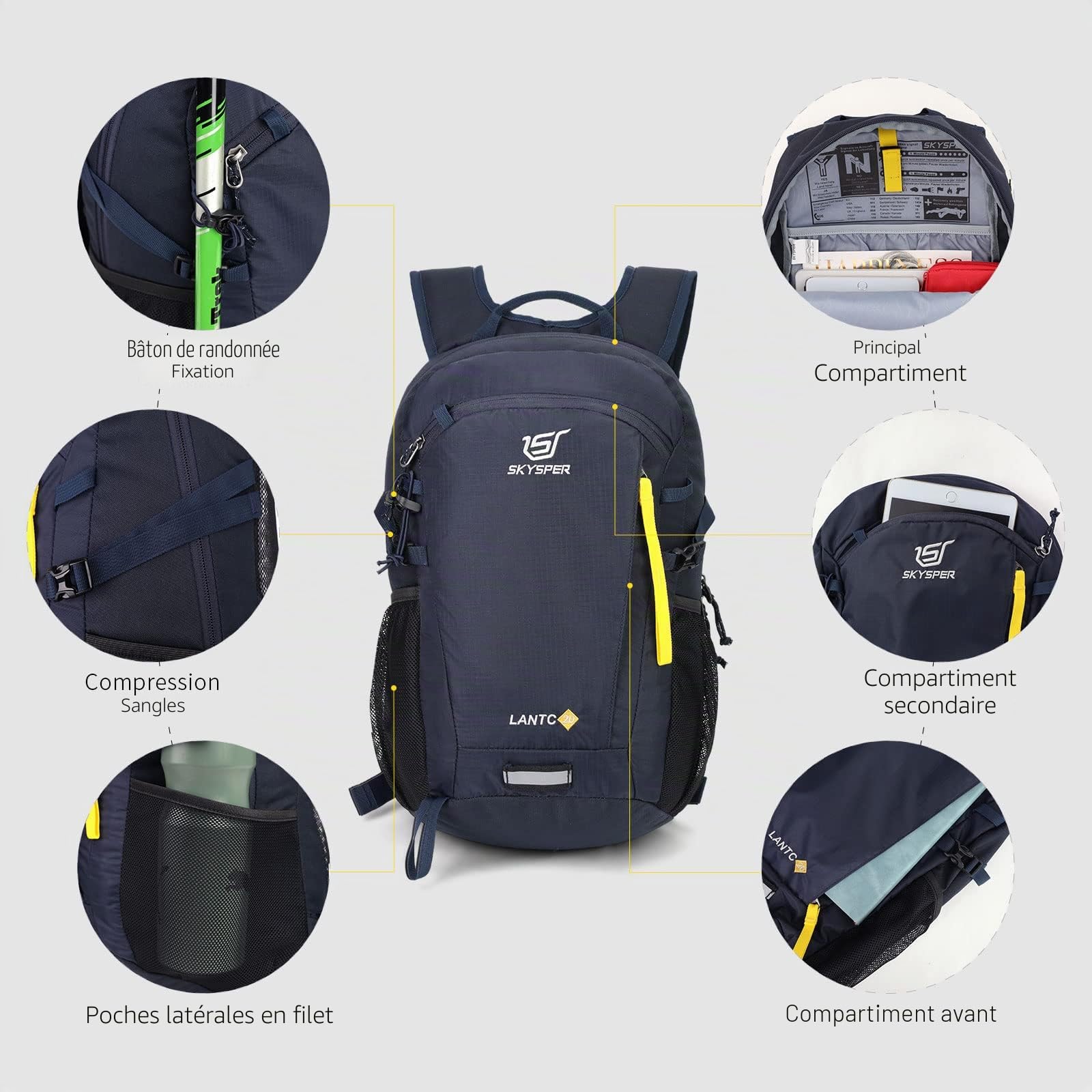 SKYSPER Sac à Dos de Randonnée Ultraléger Sac à Dos avec Système de Ventilation et D'hydratation Dorsale Sac à dos de Trekking en Polyester Respirant 3D Air Mesh Camping en Plein Air