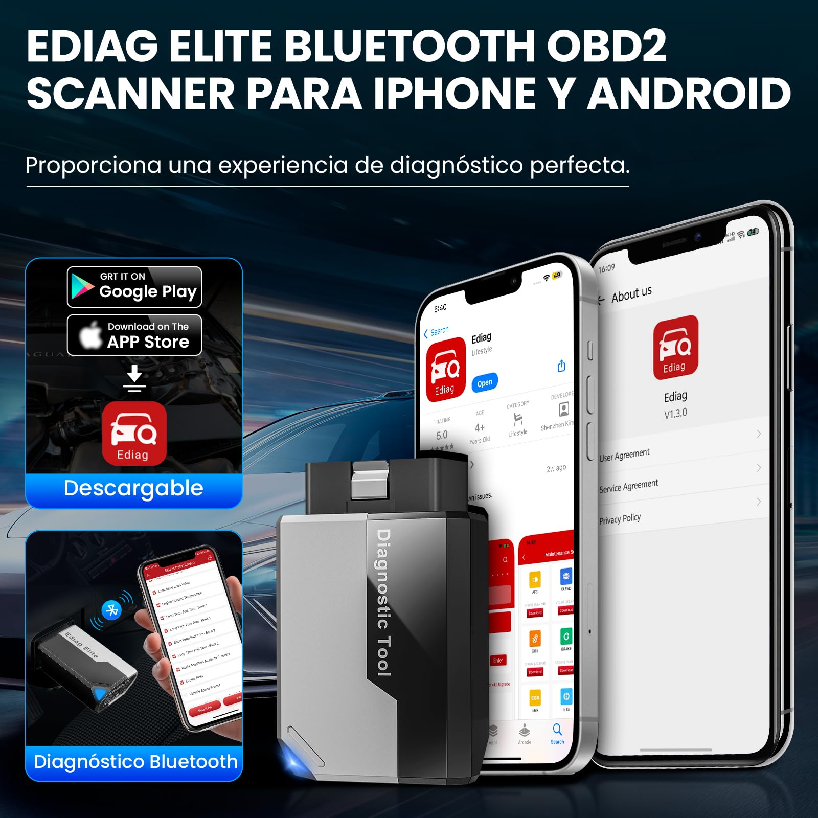 KINGBOLEN EDIAG Elite OBD2 Diagnosis Bluetooth, Diagnosis Coche Multimarca para iOS y Android,Completo del Sistema& 15+ Funciones de Reinicio, Prueba Activa, FCA, CANFD, Actualizaciones gratuitas