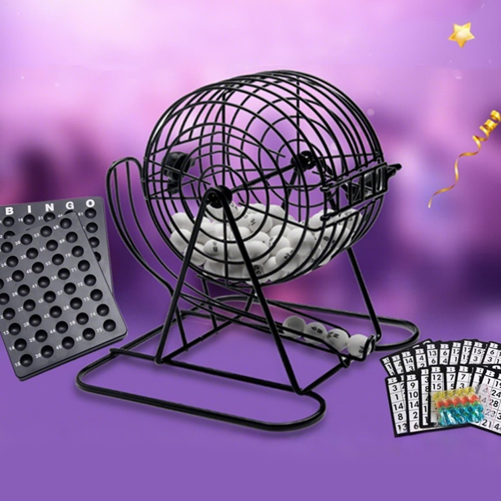 Bingo Spieleset, inklusive Metalltrommel, 18 Bingotickets, 75 Kugeln und 150 Chips, Spielbrett für Familienfeiern, Gruppenpartys, Geburtstage und Feiertage
