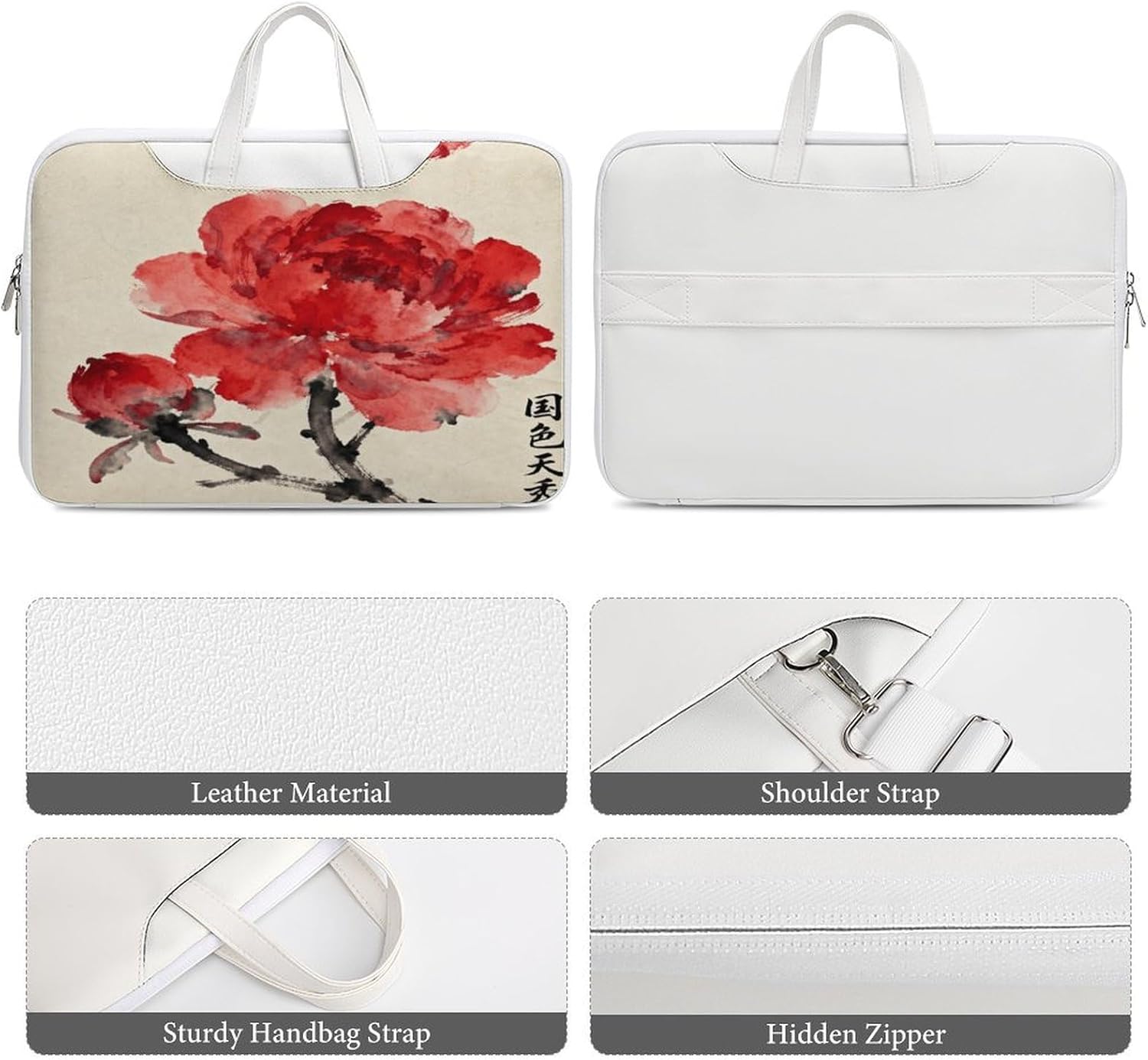 Red Floral 42x30.5cm White-style Laptop Bag Leather Tablet Computer Briefcase Large Capacity Work Business Tote Bags for Office