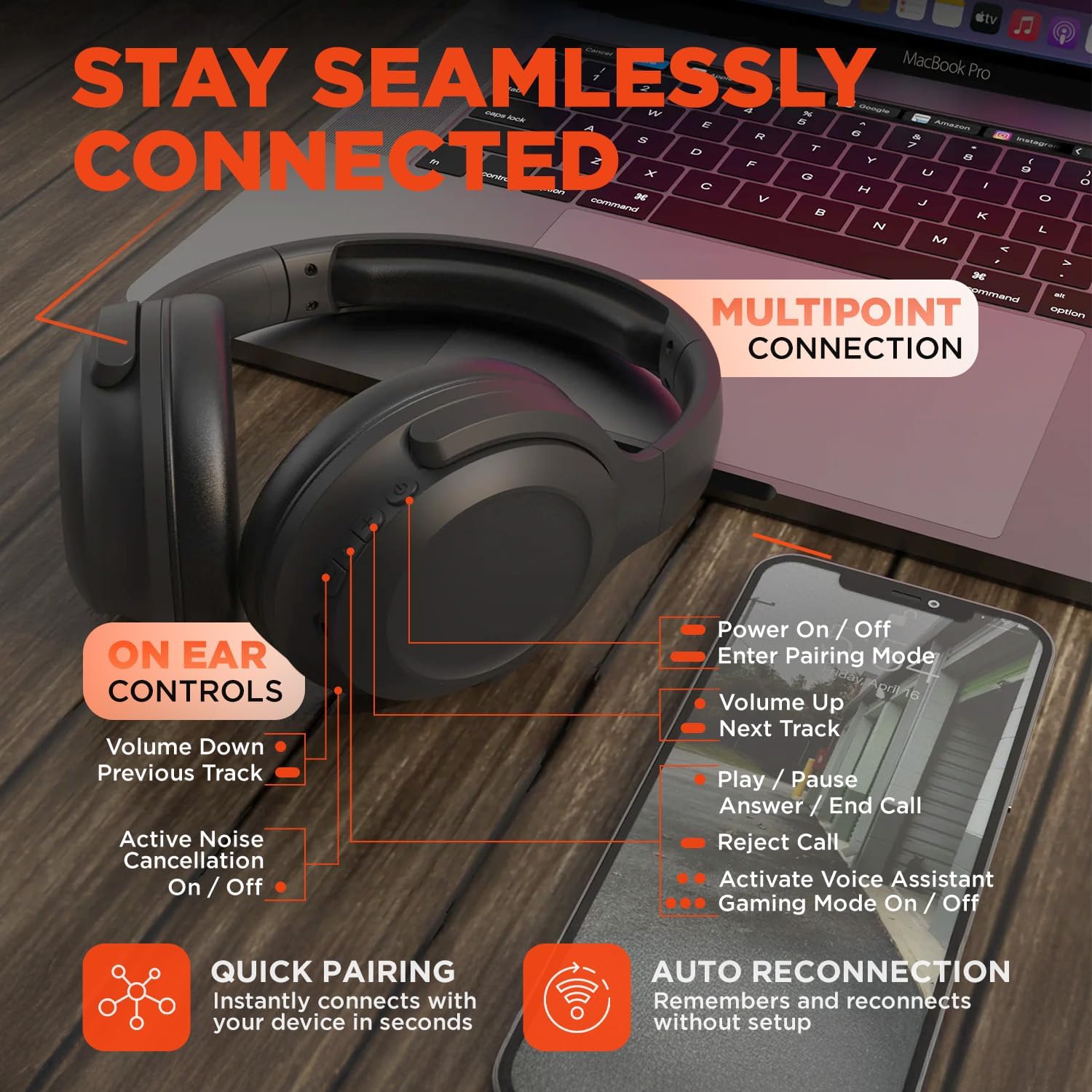 HyperGear Headphones Wireless - Black Active Noise Cancelling Headphones Over Ear Bluetooth HD Audio Deep Bass Dual Noise Canceling Mics ANC Gym Headphone Wireless Over Ear Sound Cancelling Foldable - Image 4