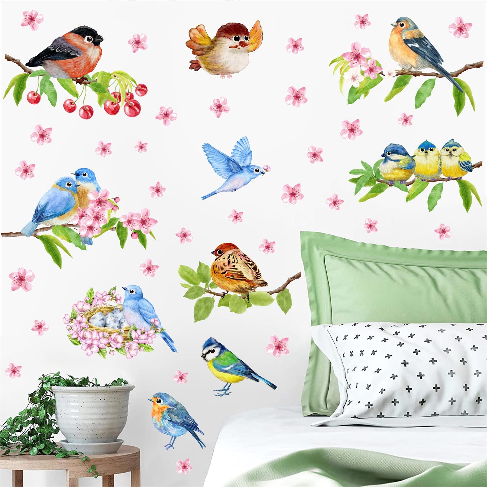Spring Window Stickers Watercolor Birds Stickers Tree Branch Bird Window Stickers Baby Nursery Wall Decals Blossom Flower Decal for Living Room Kids Bedroom Home Decor - Image 2