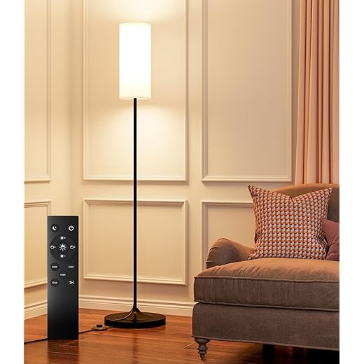luckystyle Dimmable Floor Standing Tall Lamp, 12W Led Bulb with Lampshade, Foot Switch, Remote Custom Color Temperature Pole for Bedroom, Office, Kids & Living Room, Black