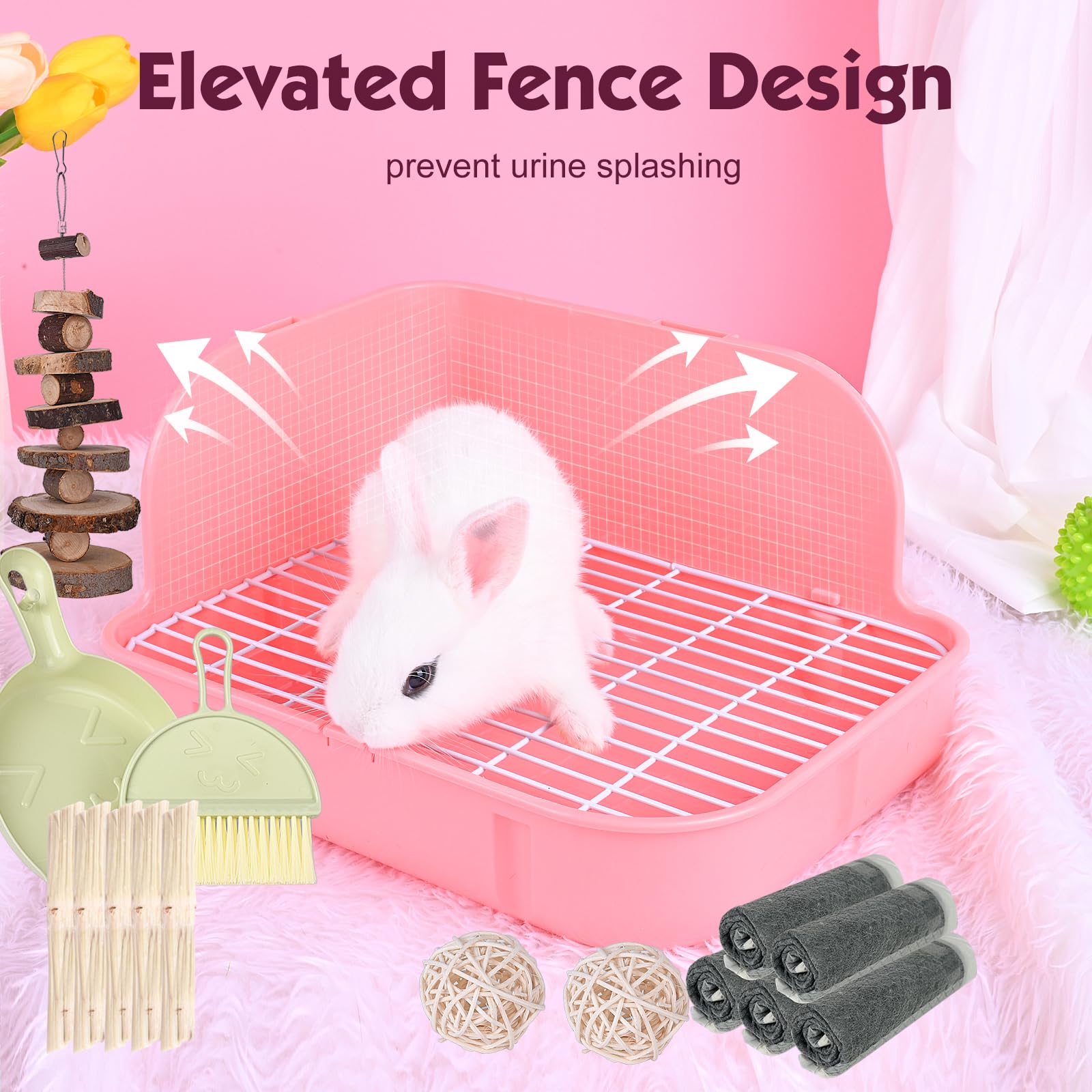 WYOK Caja de arena para conejo, caja de plástico cuadrada para orinal, caja de arena de esquina para animales pequeños, conejos, cobayas, chinchilla, hurones, galesaur, 11.4 pulgadas (rosa)