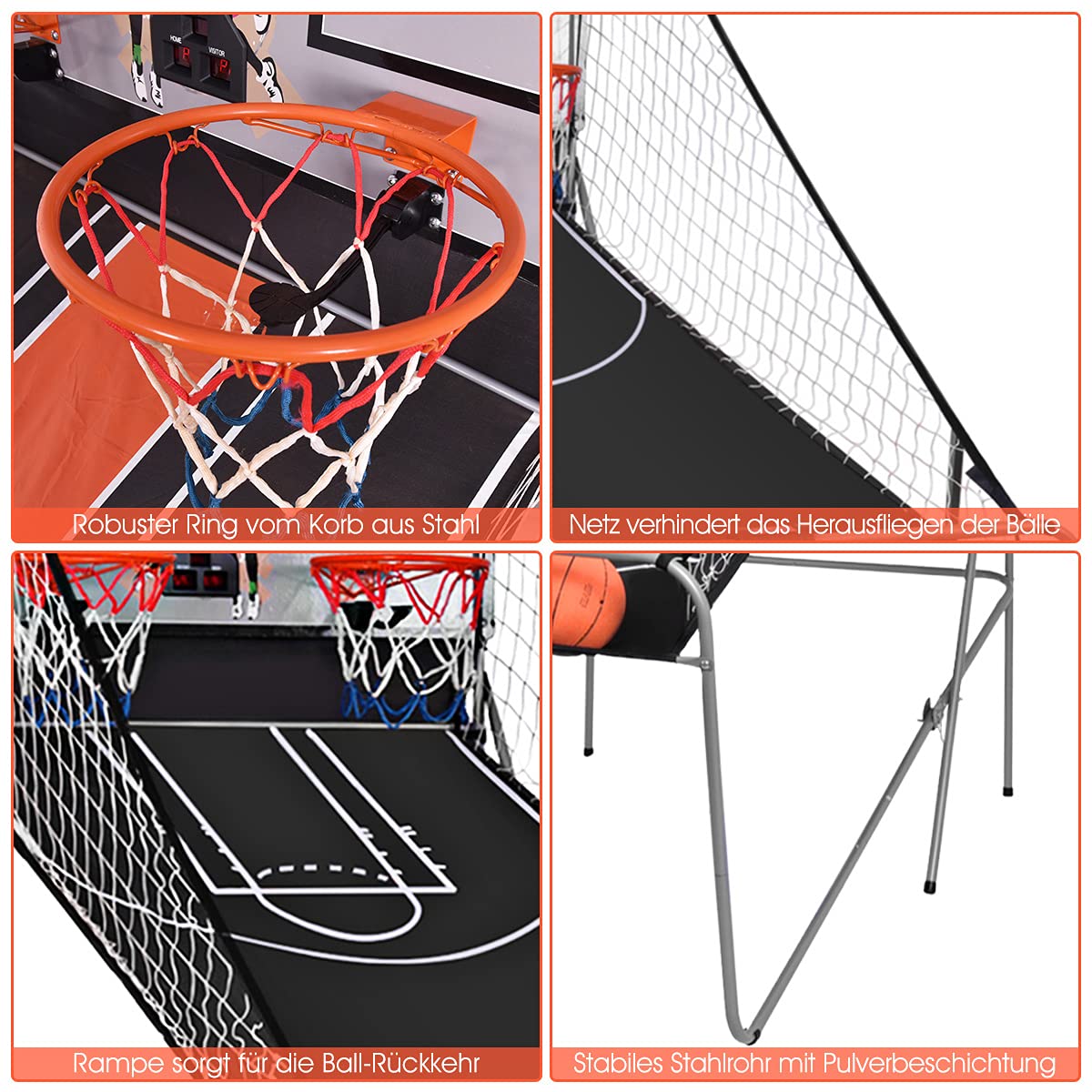 RELAX4LIFE Basketballständer Doppelschuss, Basketball Automat klappbar, Basketball-Arcade-Spiel 8 Spieloptionen für 2 Spieler, Schießmaschine mit 4 Bällen & Pumpe, Elektronische Bewertung mit LED