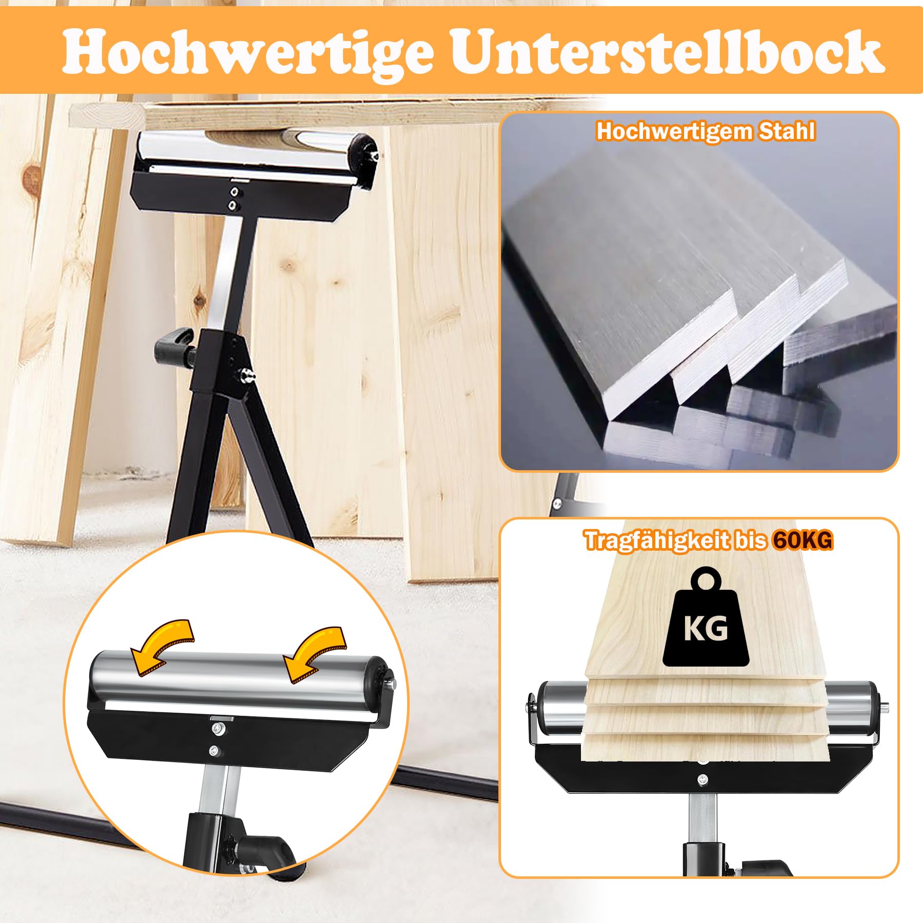 SUBTLETY 68 – 108 cm, altura regulable, juego de 2 soportes plegables con patas antideslizantes, soporte de apoyo, caballete de soporte de hasta 60 kg, banco de trabajo, caballete para trabajar madera