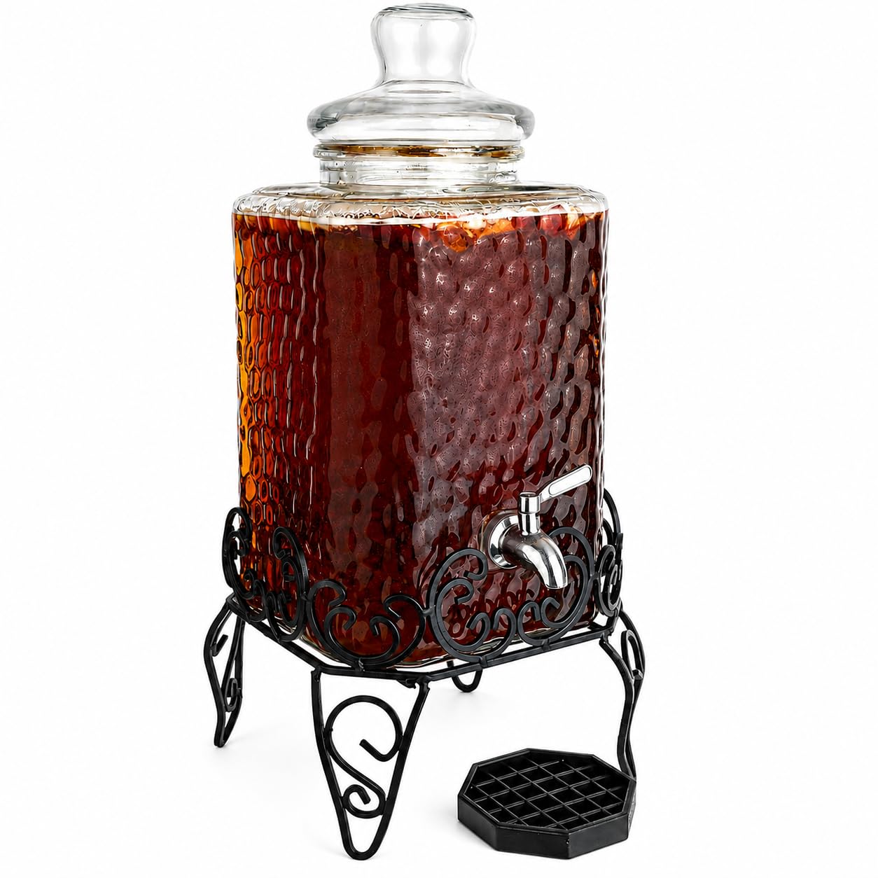 Dispensador de bebidas de vidrio de 2,5 galones con espiga de acero inoxidable sobre soporte de metal y bandeja de goteo, dispensador de tarro decorativo para té, té helado o kombucha