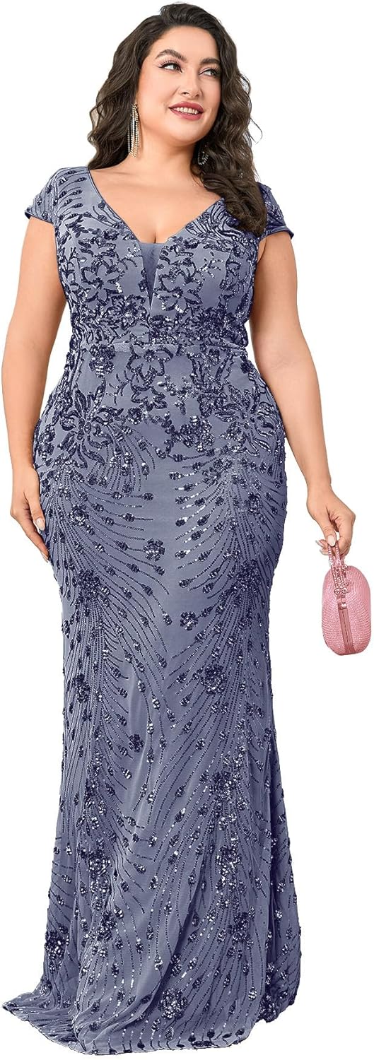 Plus Size Womens Sequined Long Evening Gown Glamous Sleeveless V-Neck Mermaid Prom Dress for Wedding Party