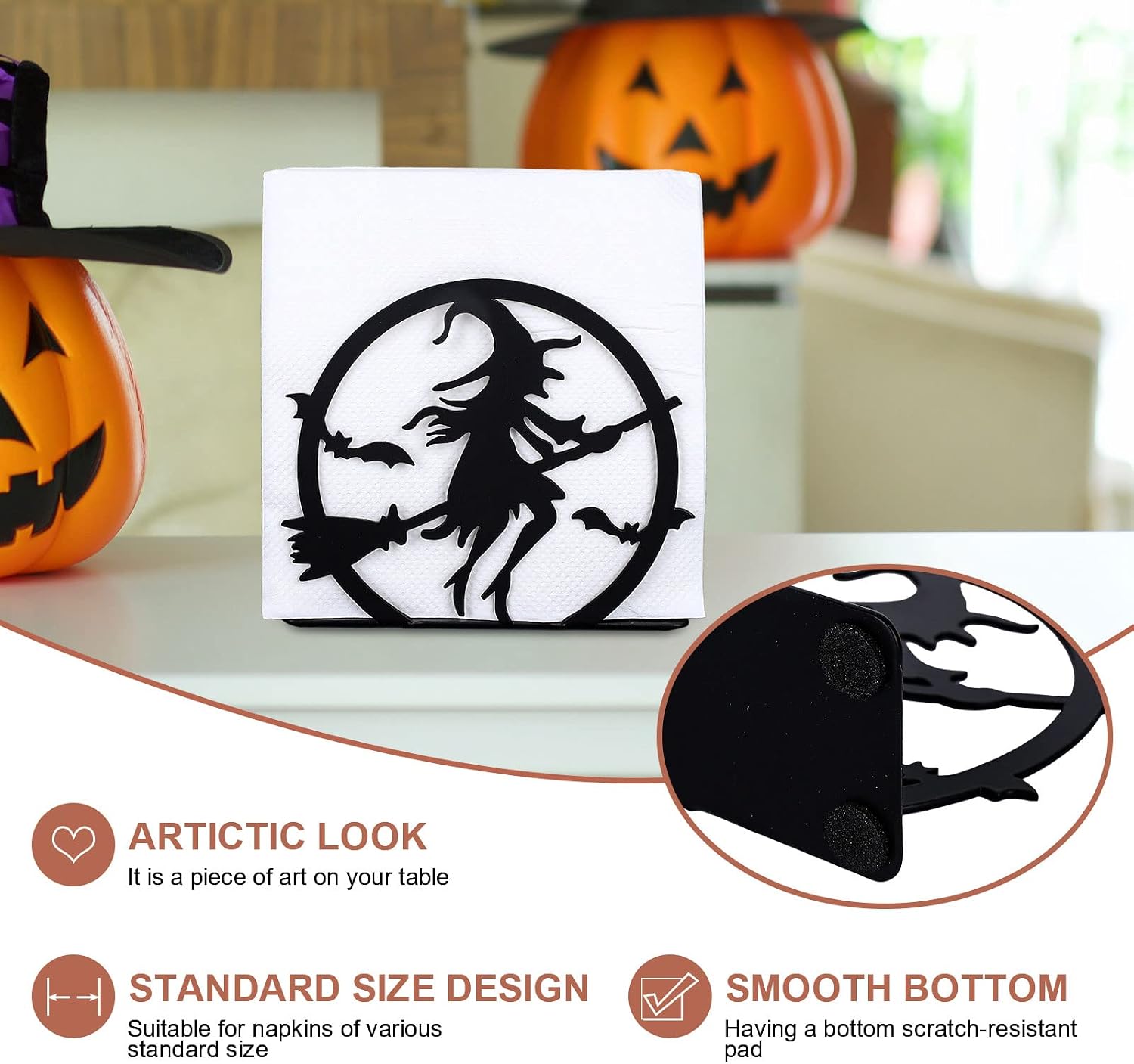 Whaline Halloween Napkin Holder Matte Black Metal Hocus Pocus Design Freestanding Tissue Dispenser Vertical Tabletop Napkin Holder for Square Paper Napkin Dinner Home Kitchen Restaurant Picnic Party