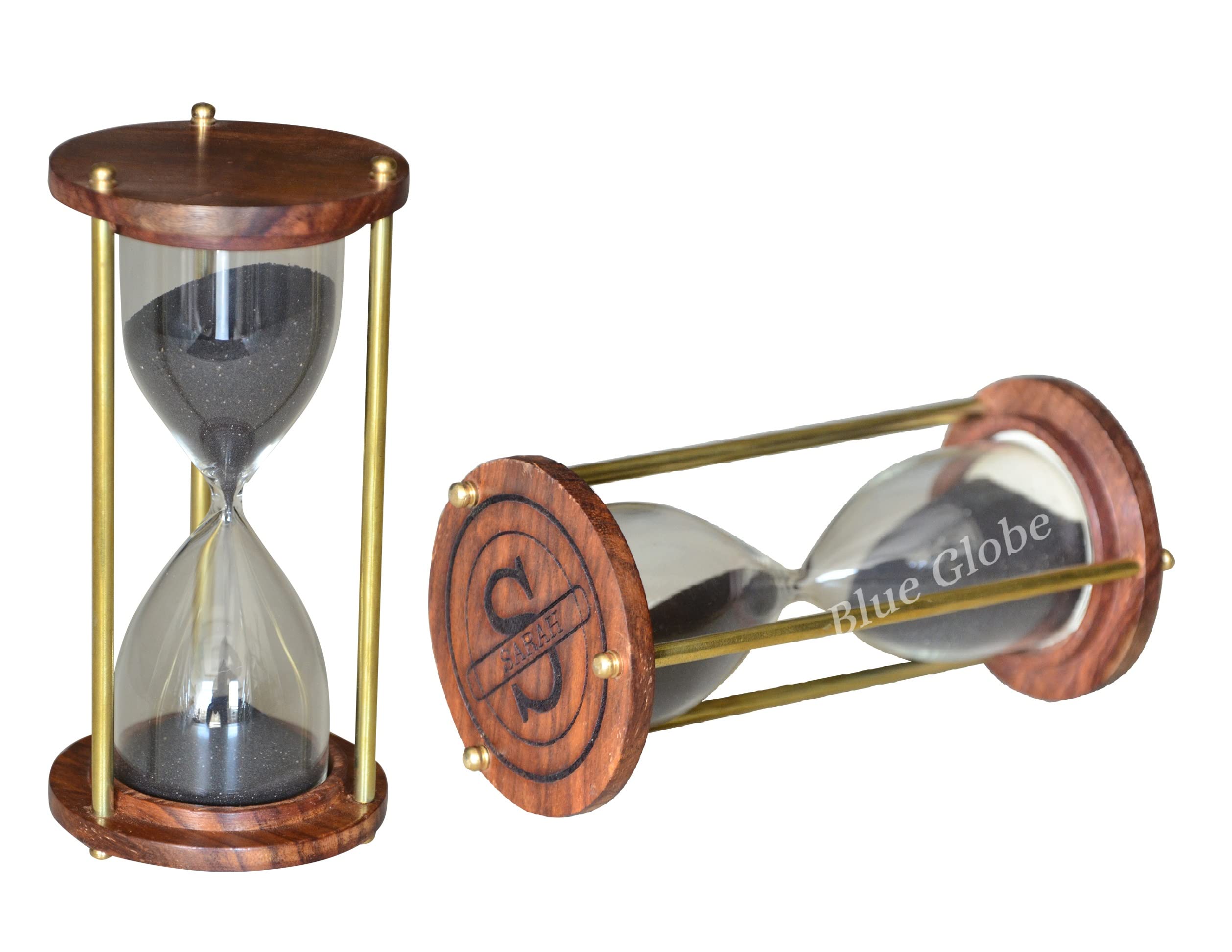 Engraved Wooden and Brass Sandtimer with Black Sand Hour Glass Unique Sandglass Clock Ideal for Exercise Tea Making Antique Nautical for Home Decor (5.5 inch) by Blue Globe Export