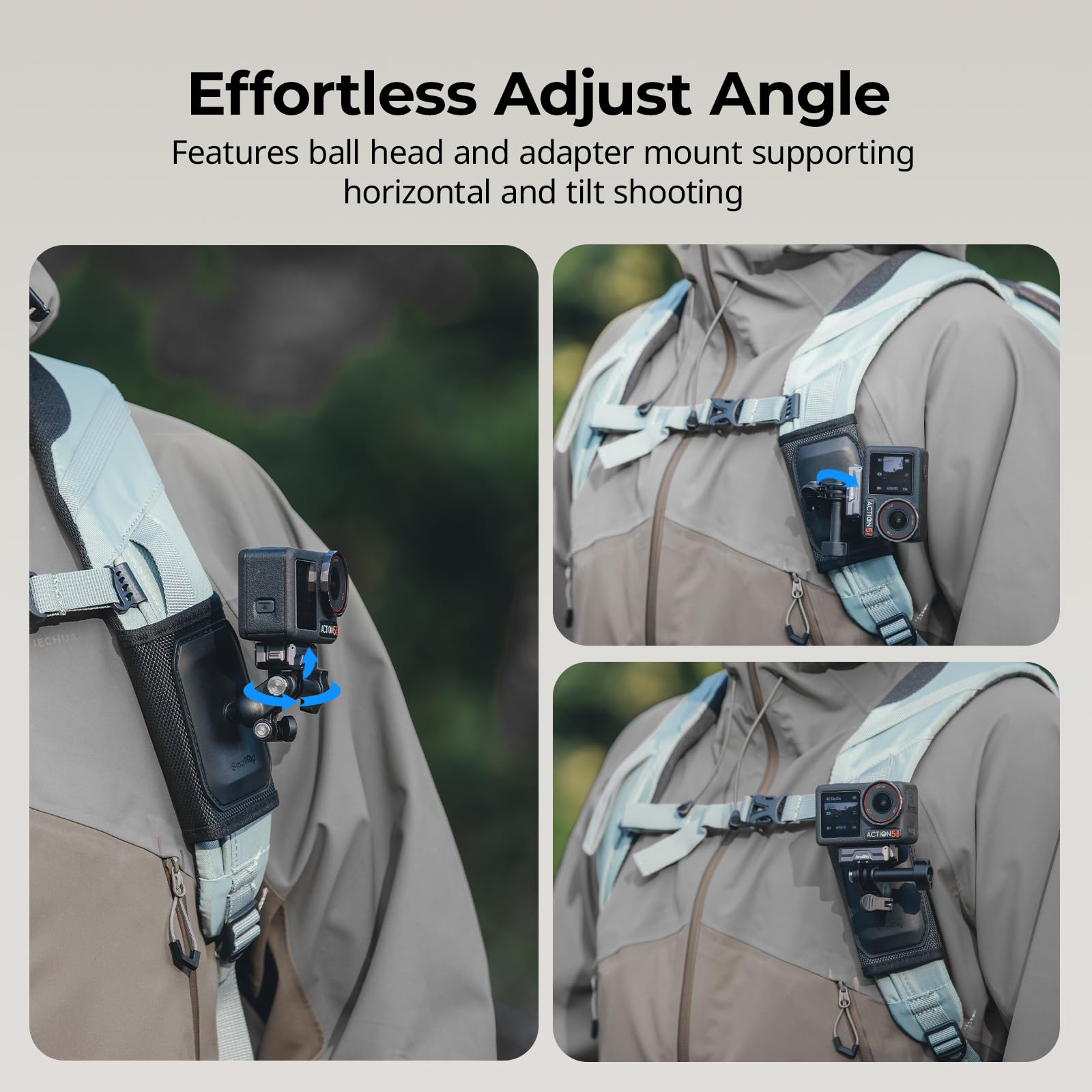 SmallRig Backpack Strap Mount for GoPro Hero 13/12/11, for DJI Osmo Nano Action 6/5 Pro/4/Pocket 3, for Insta360 X5/4/3/Ace Pro 2, Hook and Loop Fastener Clip Mount with Ball Head Adapter Base -5721 - 2