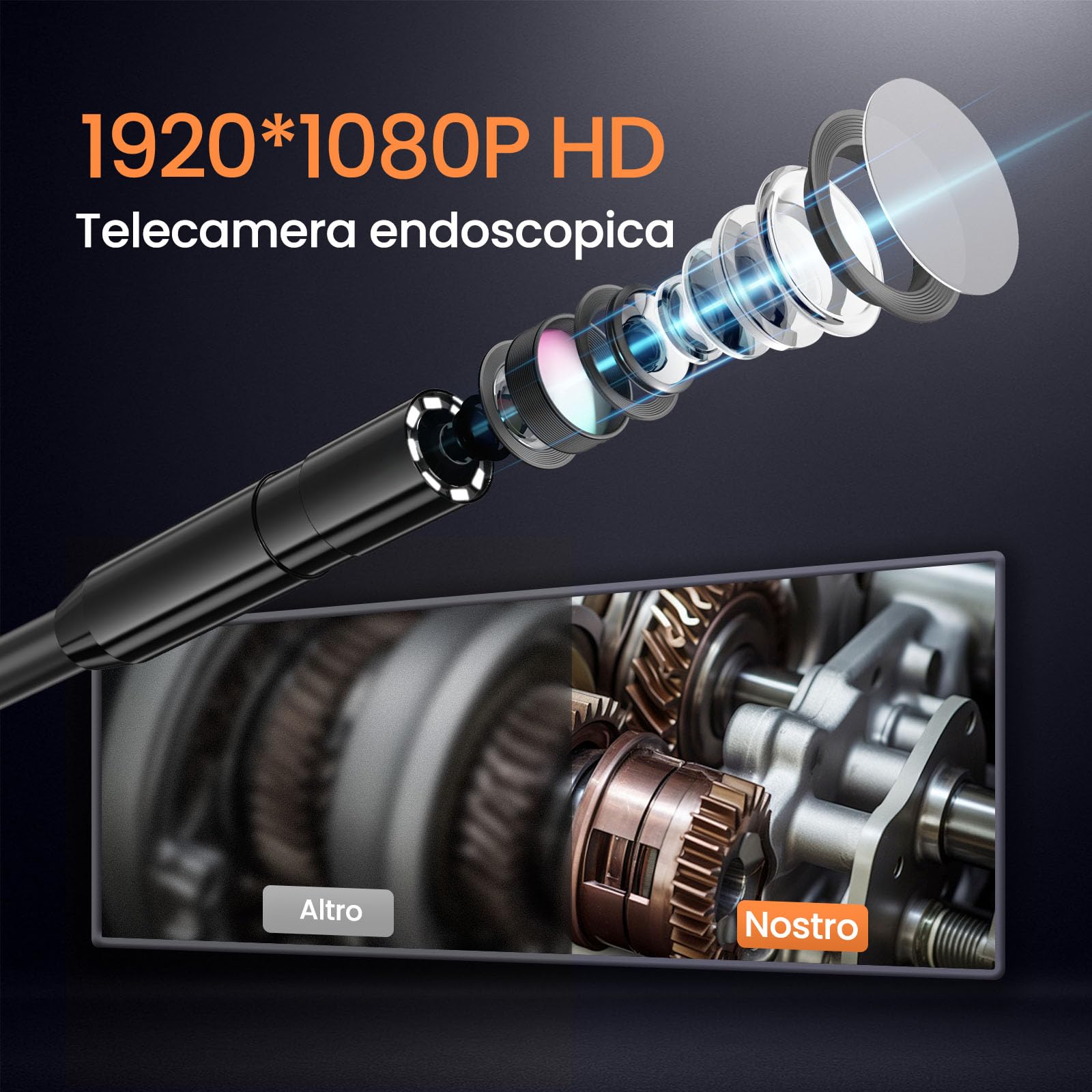 BlueSwan Telecamera Ispezione Tubi 4.3" IPS 1080P HD, Telecamera Endoscopica Impermeabile IP67, Cavo Semirigido 5m, 8 LED Regolabili, Zoom 2X e Rotazione 180°, Telecamera Ispezione Tubi e Auto
