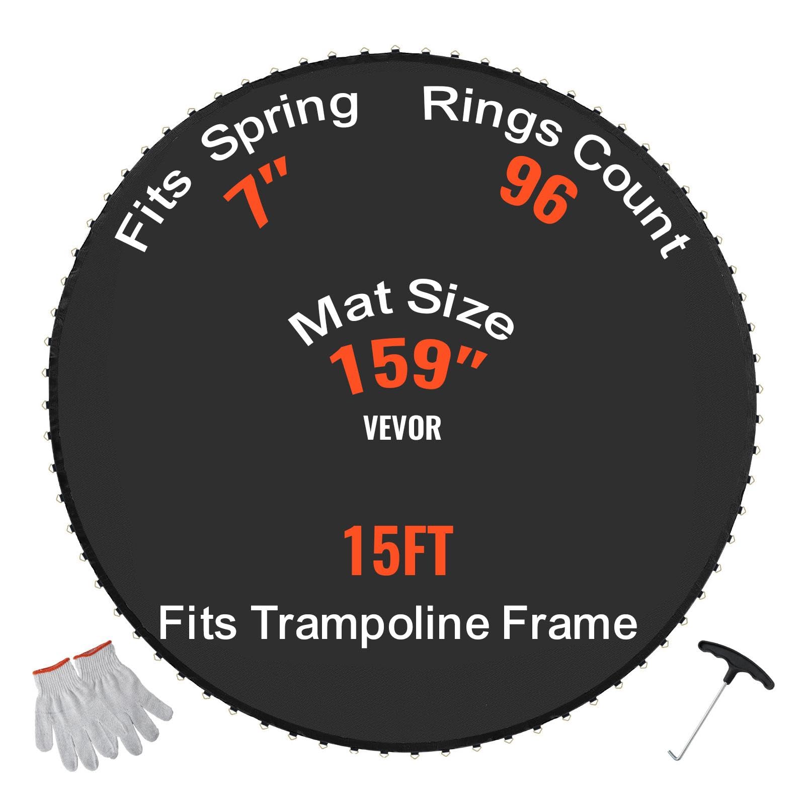 VEVOR Replacement Trampoline Mat, Jumping Mat Fits 15ft Frame, Universal Jumping Mat for 15ft Round Trampoline, Reinforce UV-Resistant Mat with Spring Tool & Durable V-Rings, Fit 7" Spring Length
