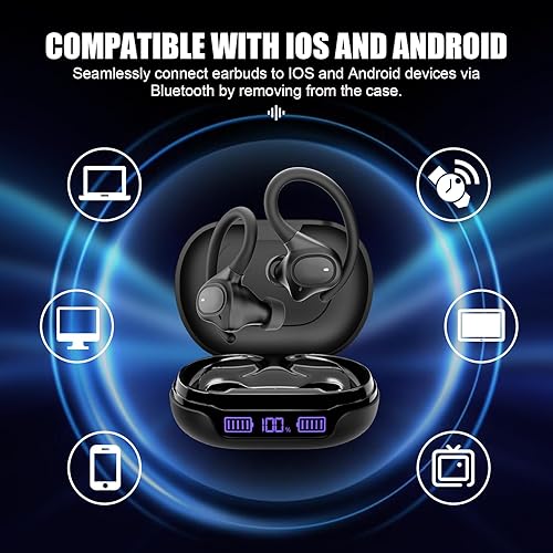 Miniatura 7 de APEKX Auriculares inalámbricos verdaderos, ganchos de ajuste seguro para orejas pequeñas, auriculares Bluetooth para iPhone, IPX7 impermeable,