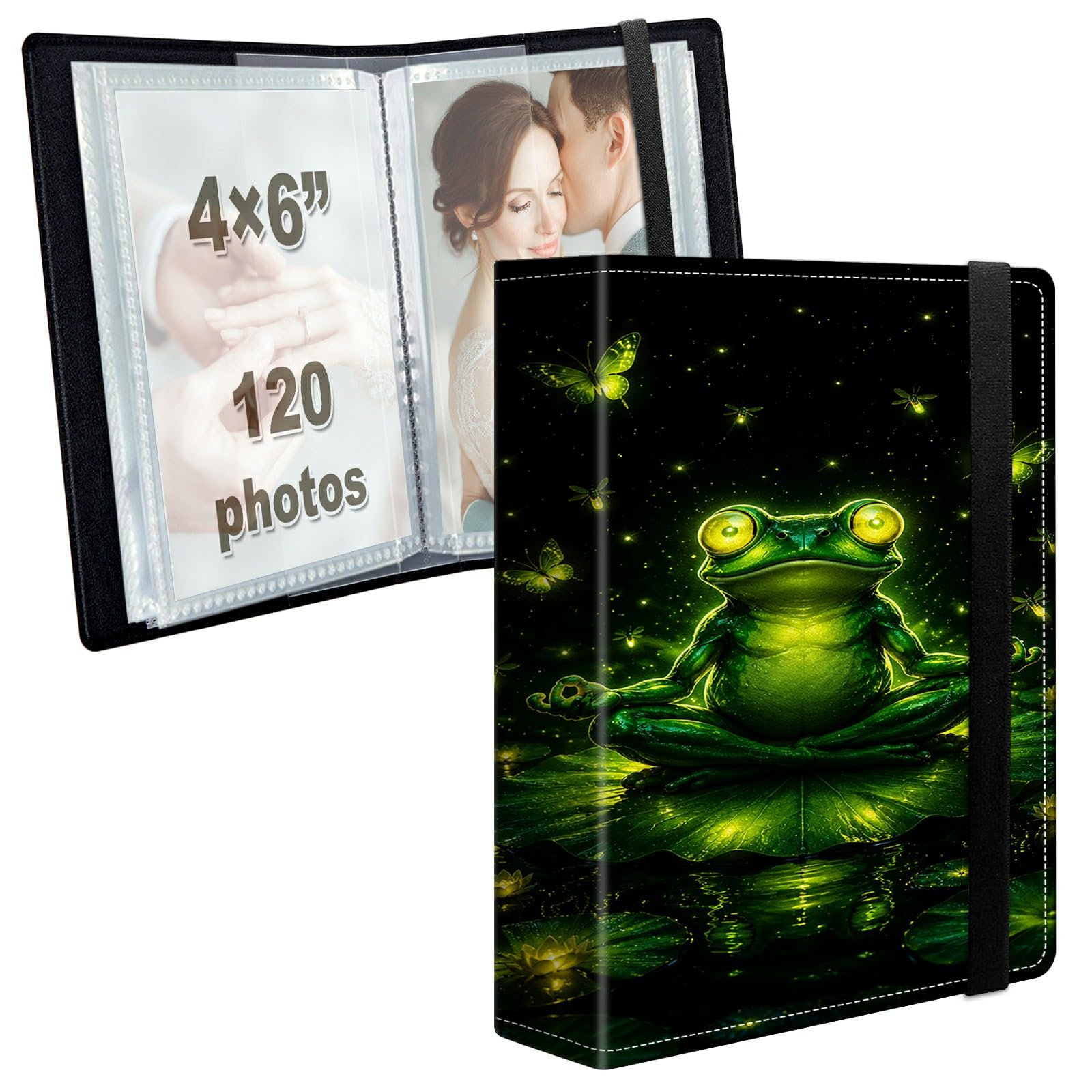 Photo Album 4x6 120 Photos with Strong Elastic Band, Lotus Frog