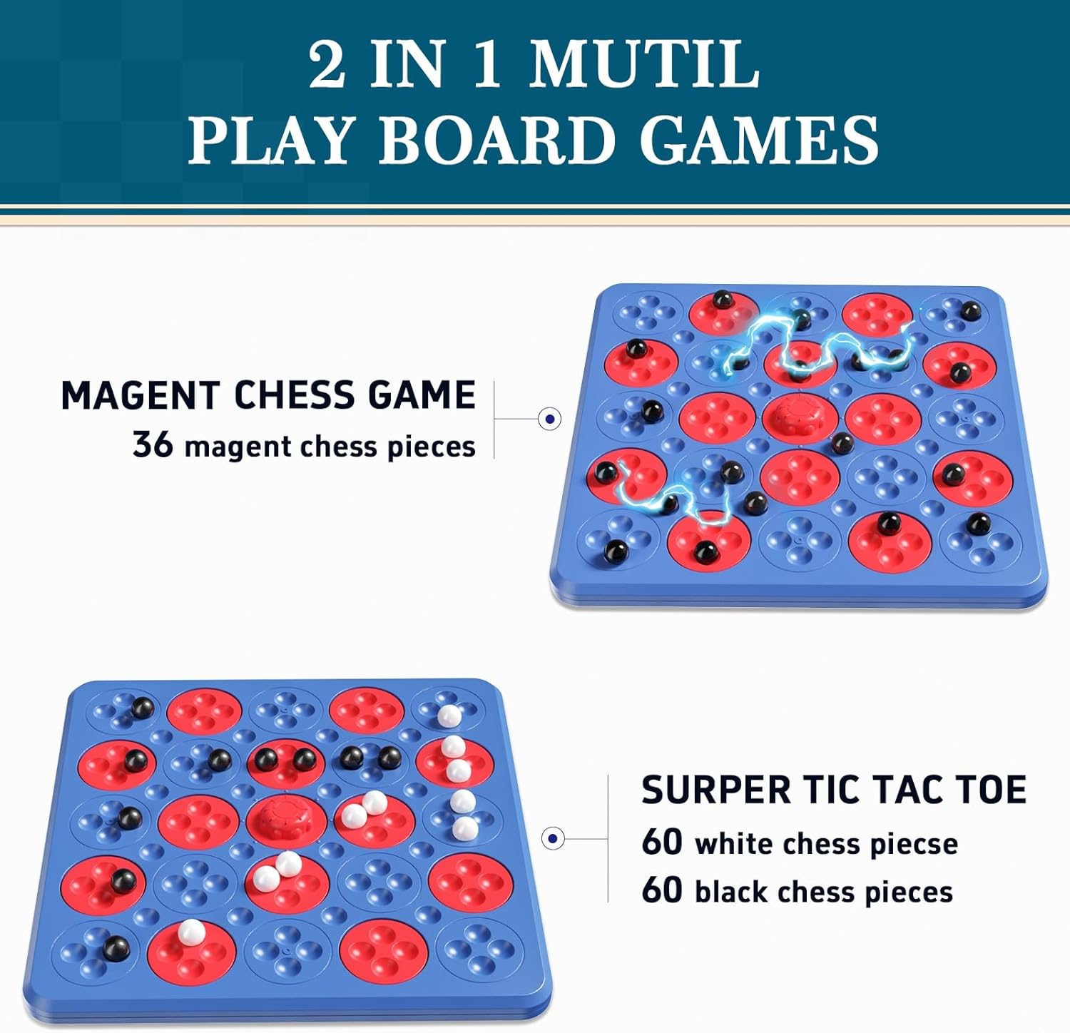 Magnet Chess Game, Magnetic Game Chess for Kids Adults Family Night, 2 in 1 Multiplayer Magnet Game with 36 Pieces & Connect-5-Piece Games, Christmas Family Board Games for Kids and Adults (Blue)