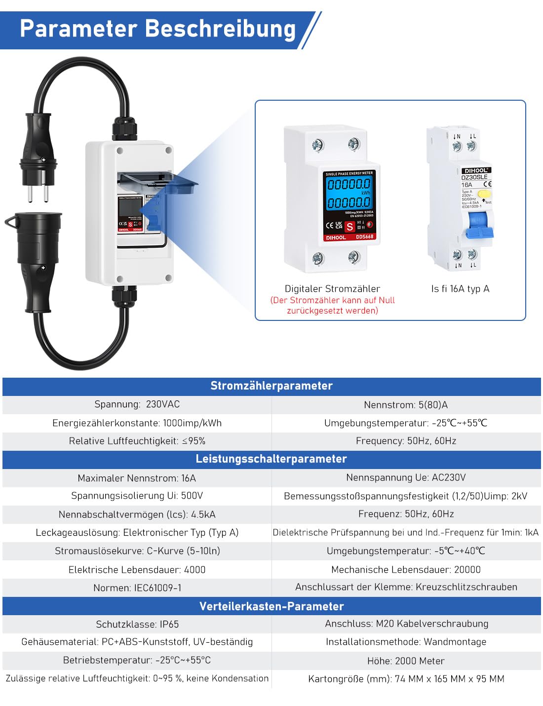 DIHOOL Mobiler Digitaler Stromzähler Für Steckdose 80A 230V Mit Typ A fi ls Schutzschalter 16A und Schuko Stecker Ip65 Stromverbrauchsmesser