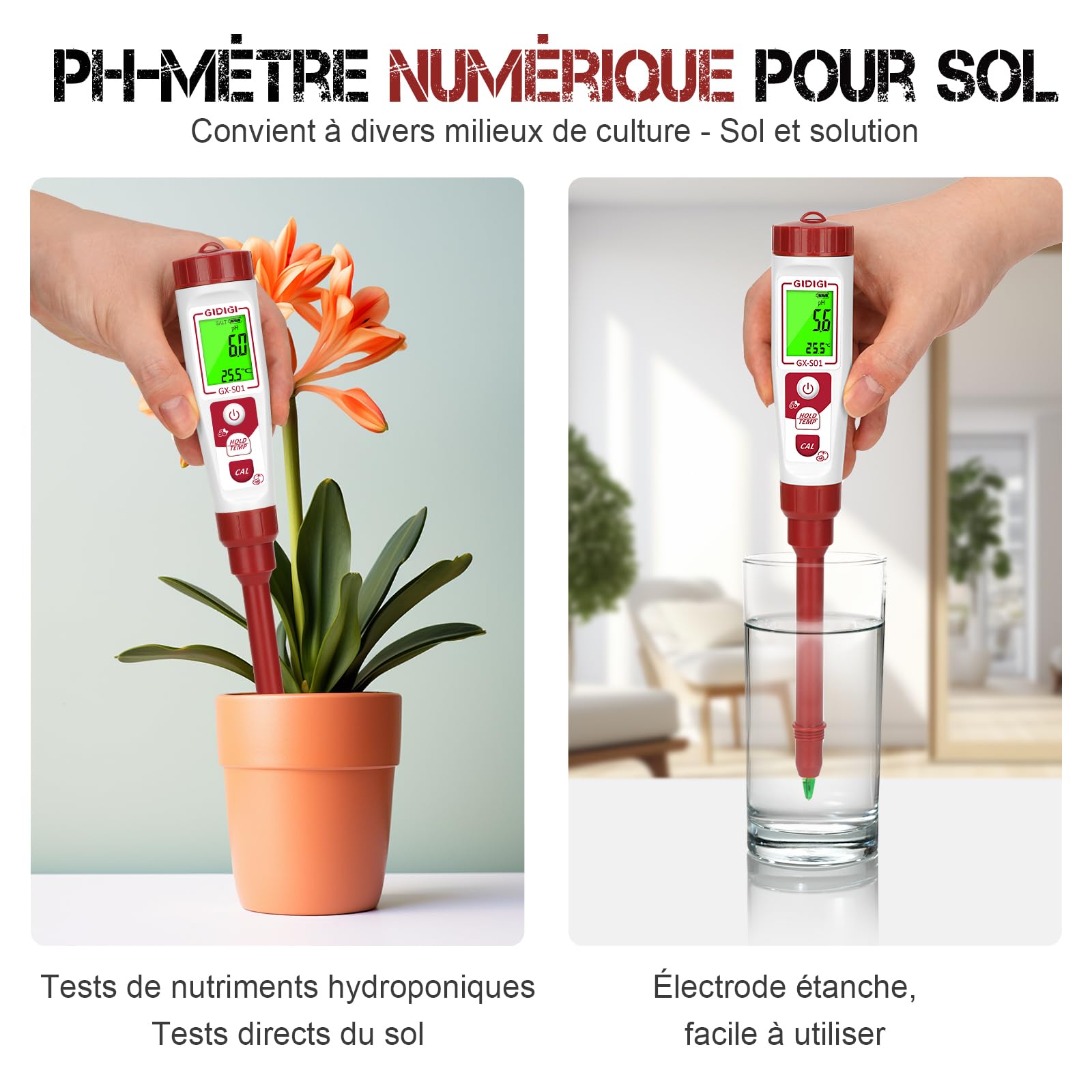 Testeur de pH pour sol numérique, testeur de pH pour sol pour plantes en pot, kit de test de pH électronique pour jardin, pelouse, intérieur et extérieur, serre, agriculture, utilisation dans la cour