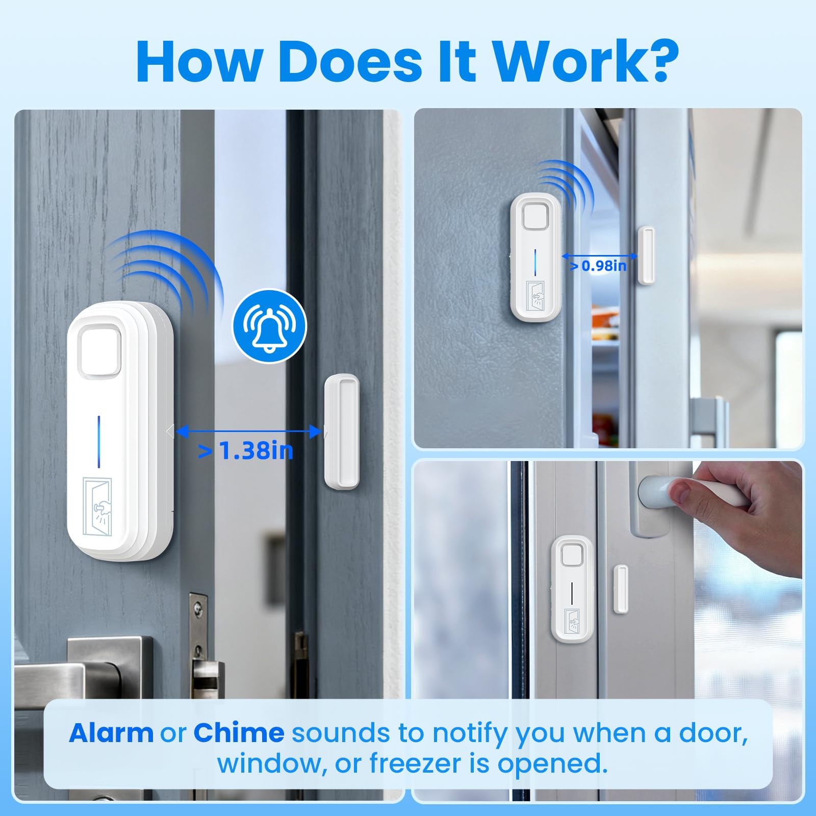SanJie - Alarma de puerta con alertas instantáneas y retardadas de 30 s/1 min/2 min/4 min, alarma de ventana de puerta para seguridad de los niños/seguridad del hogar, volumen de 0-120 dB, alerta