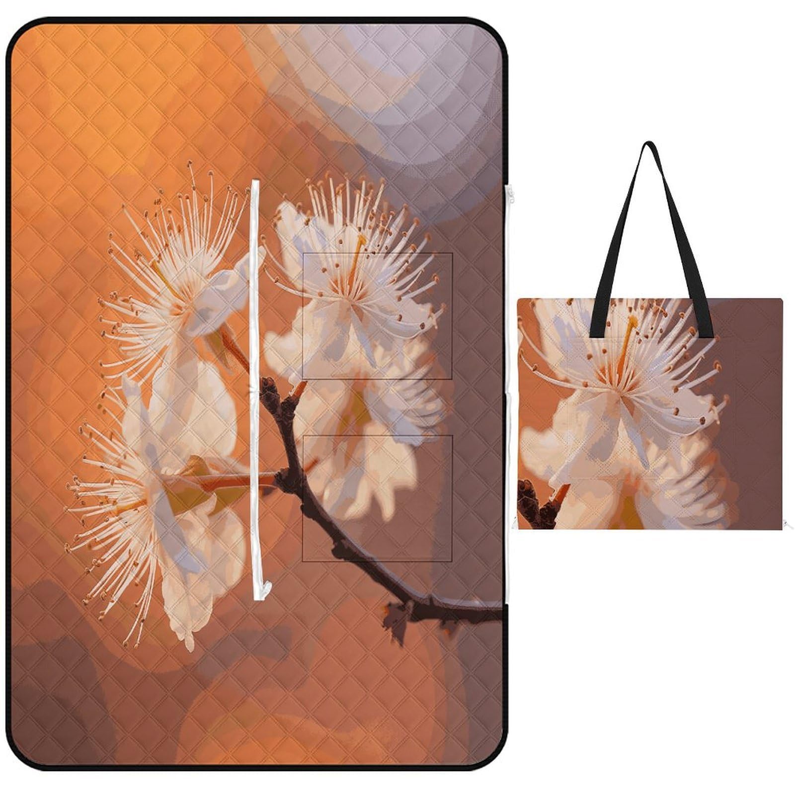 Flowers Under Orange Light Picnic Mat 150x100cm Extra Large Picnic Blanket with Zipper Waterproof Sandproof Beach Blanket Portable Beach Mat Foldable Camping Blankets for Park Grass Lawn Travel