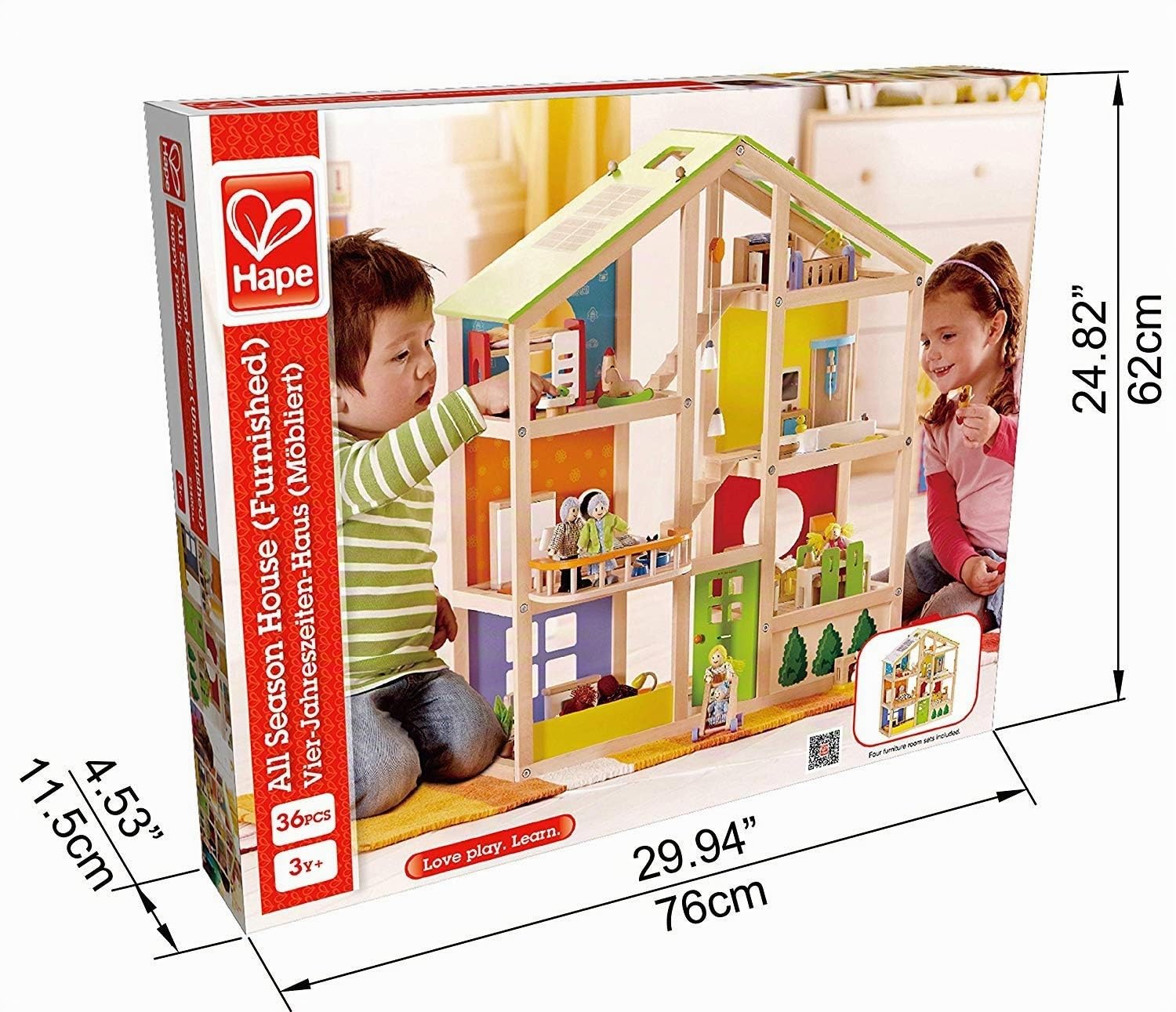 Hape Puppenhaus, alle Jahreszeiten, möbliert – für Kinder ab 2 Jahren – ideal für Rollenspiele, Kommunikation und Austausch – lustiges & lustiges Spiel – Robustes Holz mit lösungsmittelfreier Farbe