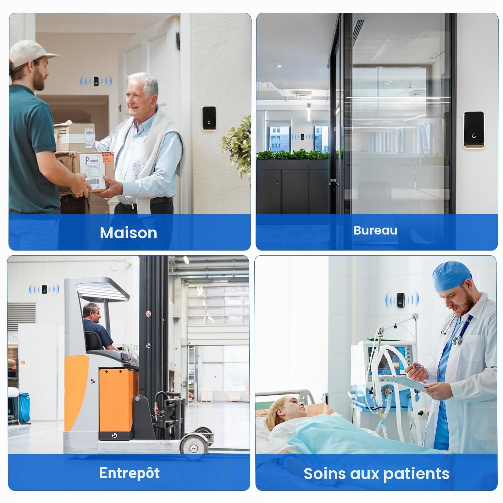 【Pas de pile nécessaire】 Sonnette de porte sans fil étanche AURTEC avec 1 récepteur et 2 presses à propulsion automatique, 51 carillons, 4 niveaux de volume, noir.