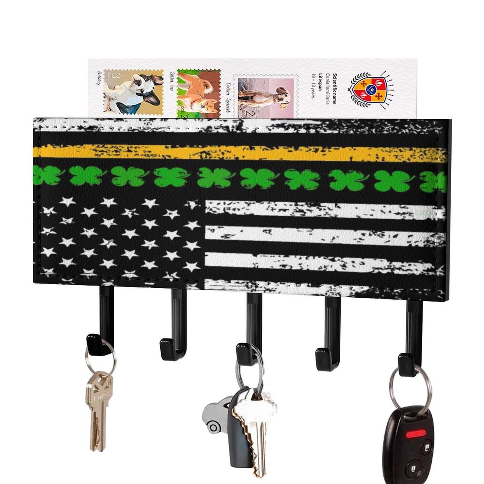 NCLQVJXZKHW Lucky Grass American Flag Key Holder with 5 Hooks Key Hooks Wall Mounted Key Racks Key Hanger Organiser Shelf