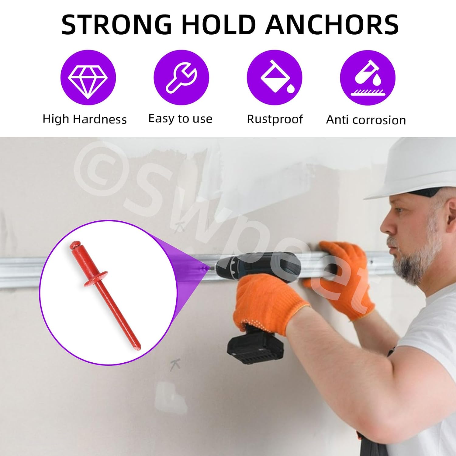 Swpeet 130Pcs 7 Sizes Red Large Flange Aluminum Blind Rivets Assortment Kit, Blind Pop Rivets Aluminum Grip and Steel Mandrel Blind Rivets for Metal, Furniture, Automotive