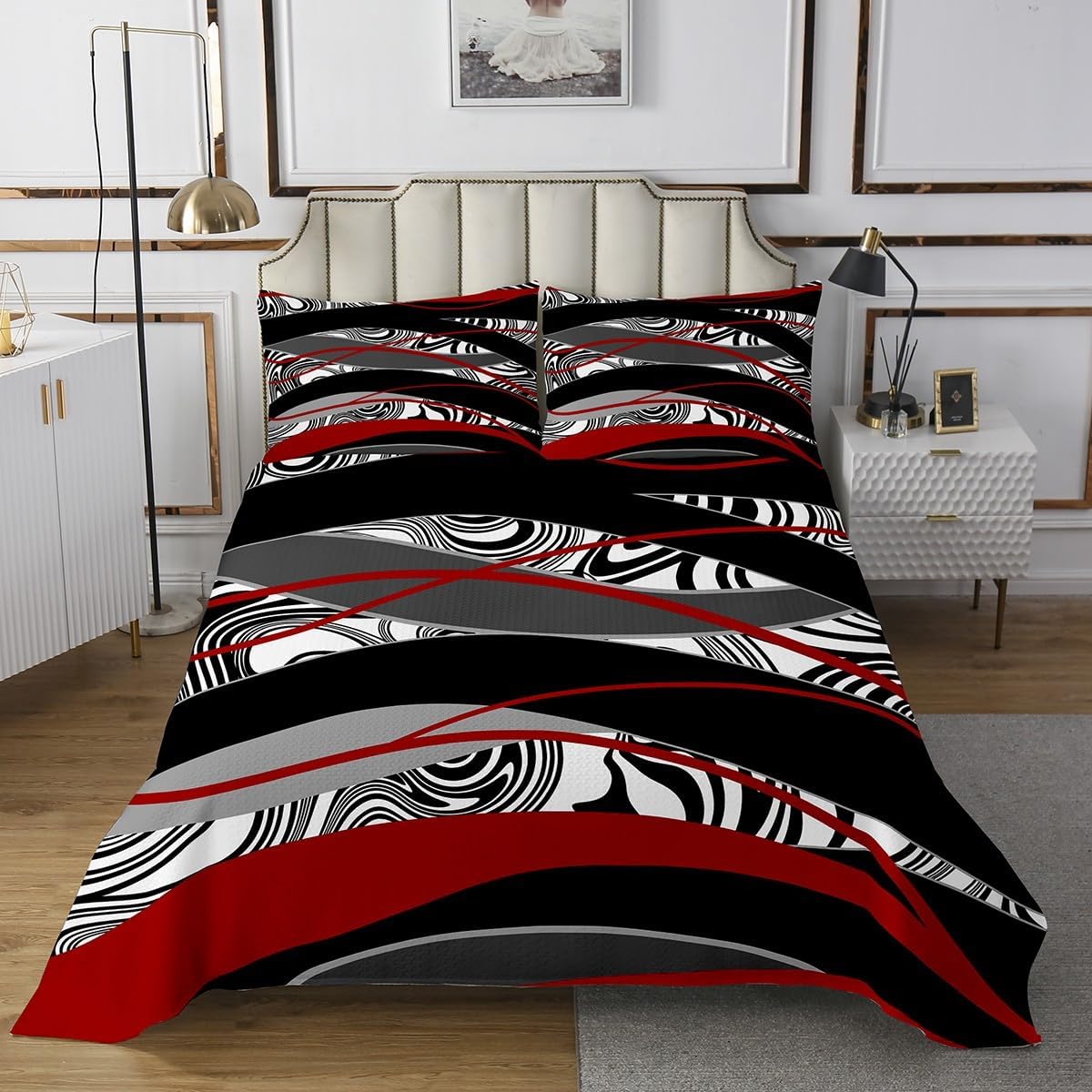 Red Black White Bedding Set Queen Size,Abstract Artistic Lines Bedspread 3Pcs,Geometric Swirl Comforter Set for Kids Teens Girls Woman Bedroom Decor,Modern Chic Quilt Coverlet,2 Pillowcases