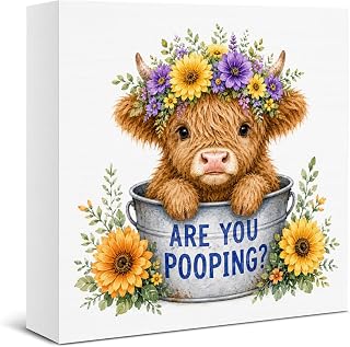 Highland Cow Toilet Decor Baby Highland Cow Wooden Box Sign | Funny Bathroom Wood Block Sign for Home Toilet Bathroom Restroom Shelf Wall Decoration