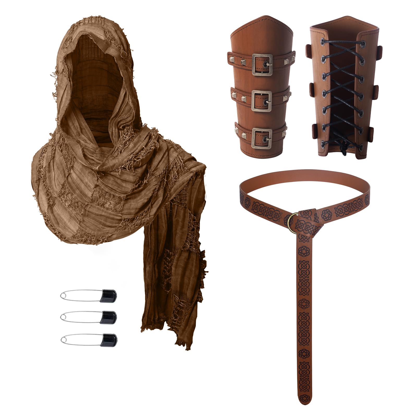 3PCS Medieval Knight Accessories Set - Renaissance Viking Style Cloak Scarf, Leather Belt, Buckle Straps | Vintage Cosplay Kit for Halloween & Role-Play (Brown)