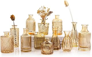 TBWIND Gold Amber Glass Bud Vases Set of 12 - Vintage Mini Flower Vases for Weddings, Centerpieces, Home Decor