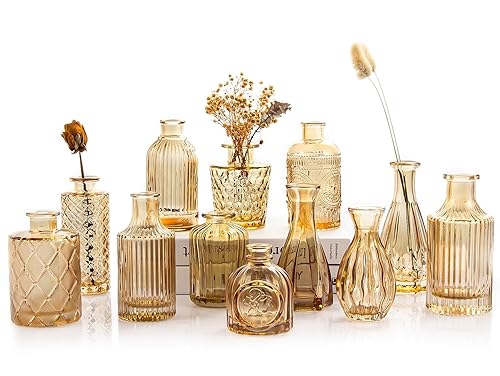 Gold Amber Glass Bud Vases Set of 12, Small Vases