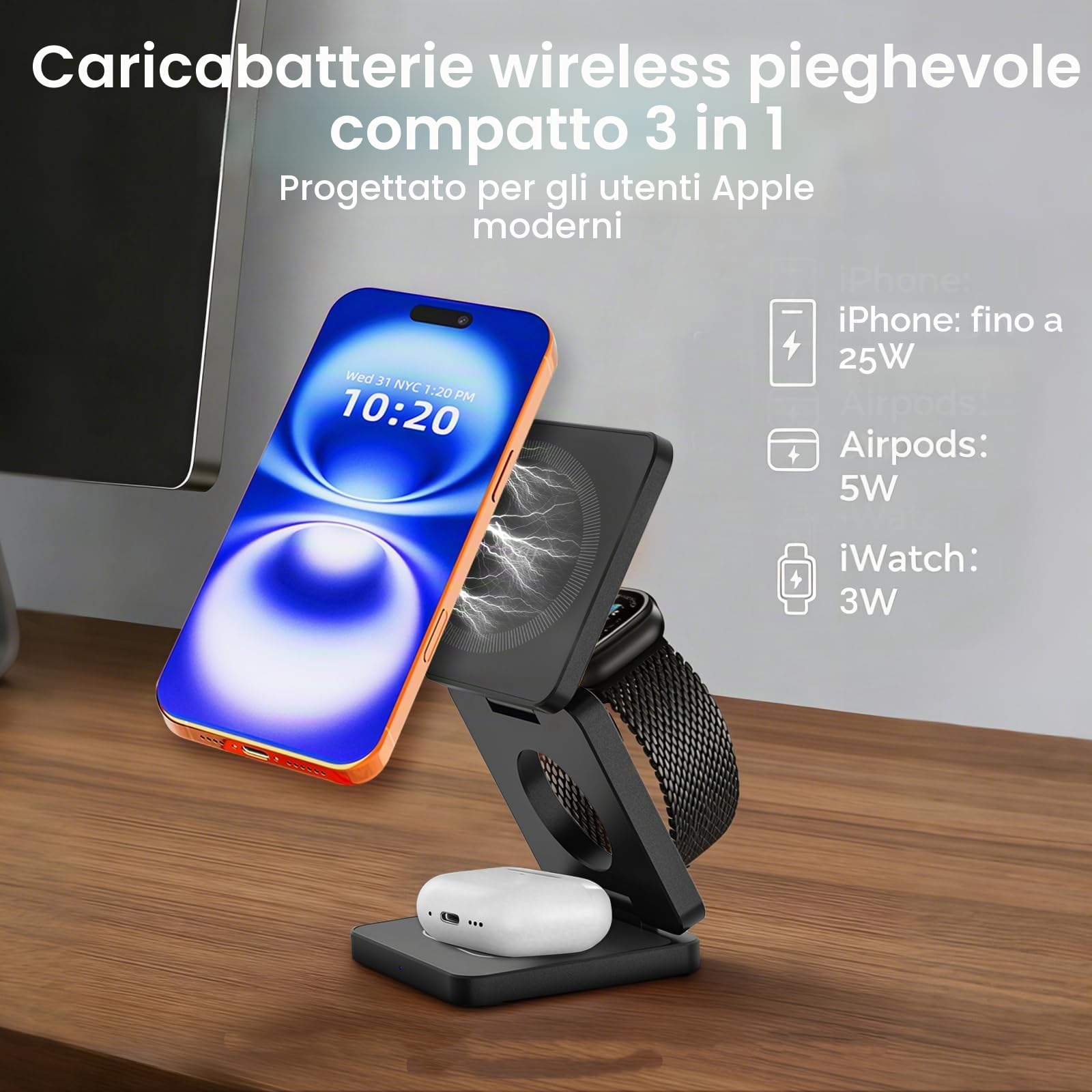 Caricatore Wireless MagSafe 3 in 1 da 25W, stazione di ricarica magnetica per iPhone 12–17, Apple Watch e AirPods, caricatore a induzione Qi con USB-C, supporto pieghevole per casa e ufficio,nero