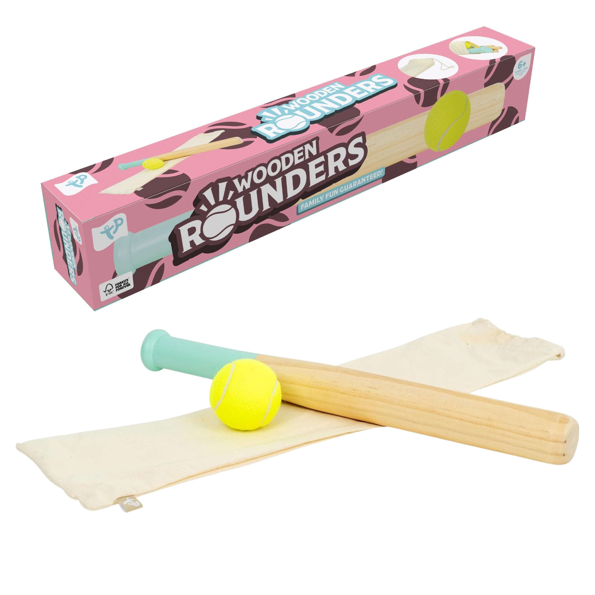 TP Toys Wooden Rounders Set FSC Certified Outdoor Garden Game for Kids 6+ – Includes Bat, Ball, 4 Pastel Wooden Base Stumps & Handy Fabric Storage Bag