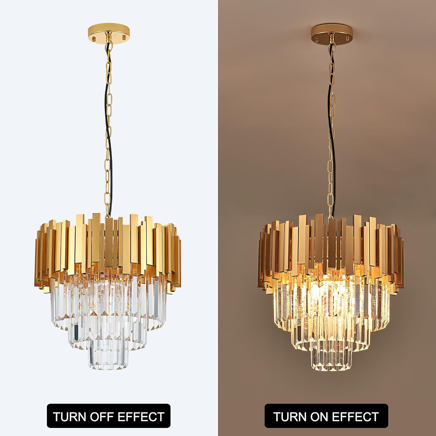 15.75" Gold Crystal Pendant Light Fixtures,5-Light Luxury Crystal Pendant Light Perfect for Dining Room, Bedroom, Kitchen, Living Room 3-Tier