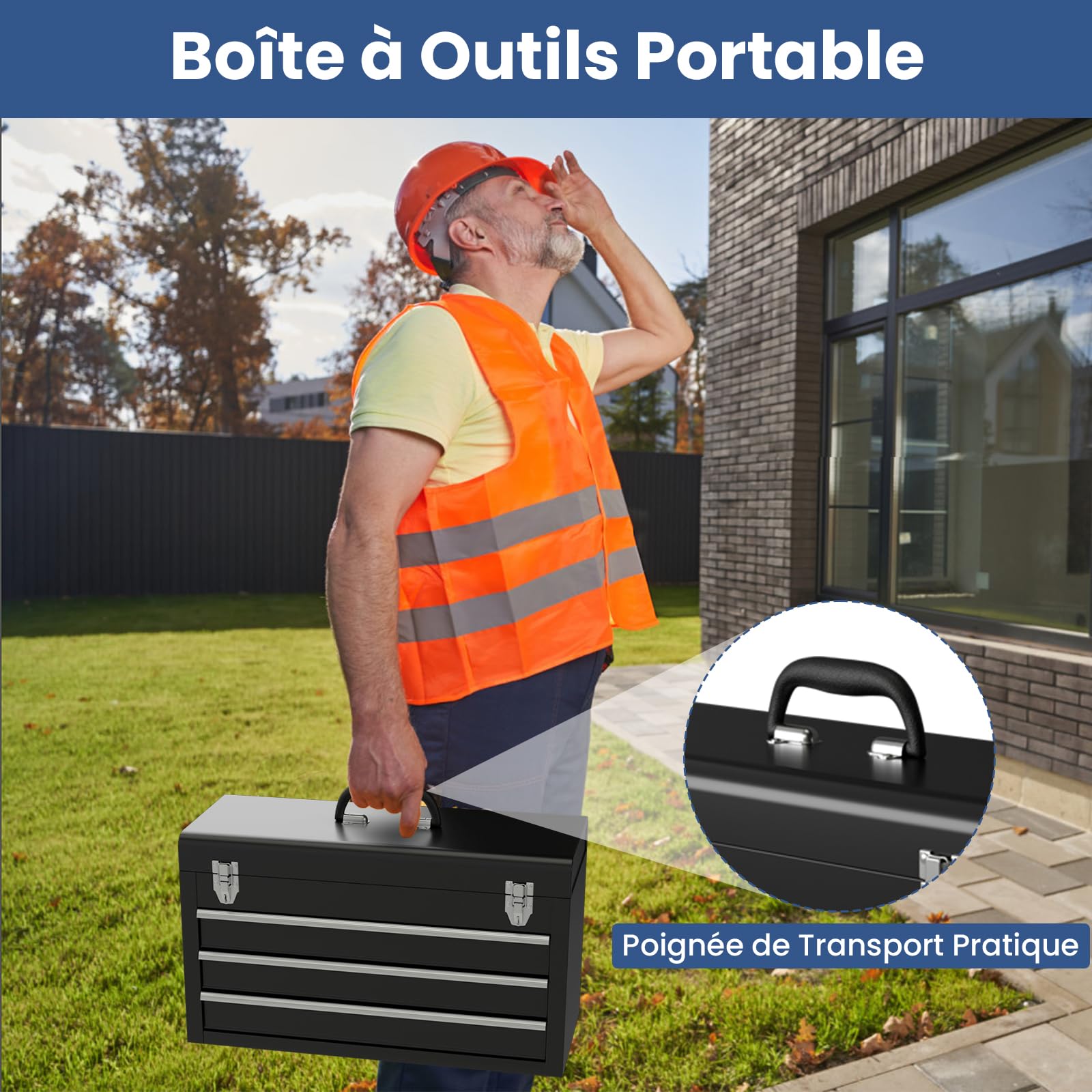 COSTWAY Boîte à Outils en Métal 3 Tiroirs (Noir) | Coffre à Outils avec Plateau de Rangement Supérieur 2 Loquets et Doublures en EVA et Poignée de Transport Charge de Tiroir 10