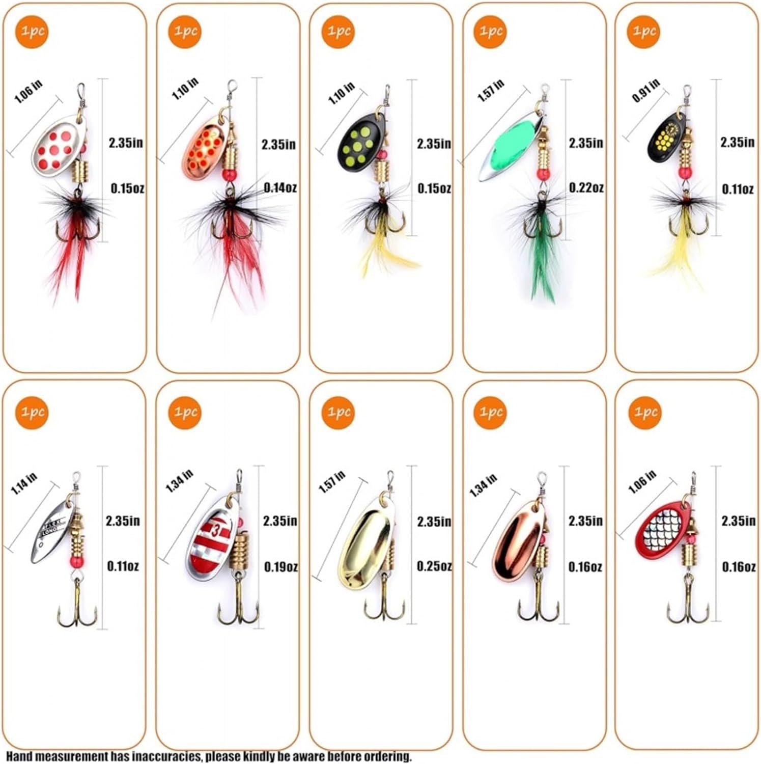 10 Piece Fishing Lure Spinner Bait with Feather Treble Hook Rooster Tail Spoon for Bass Salmon Trout
