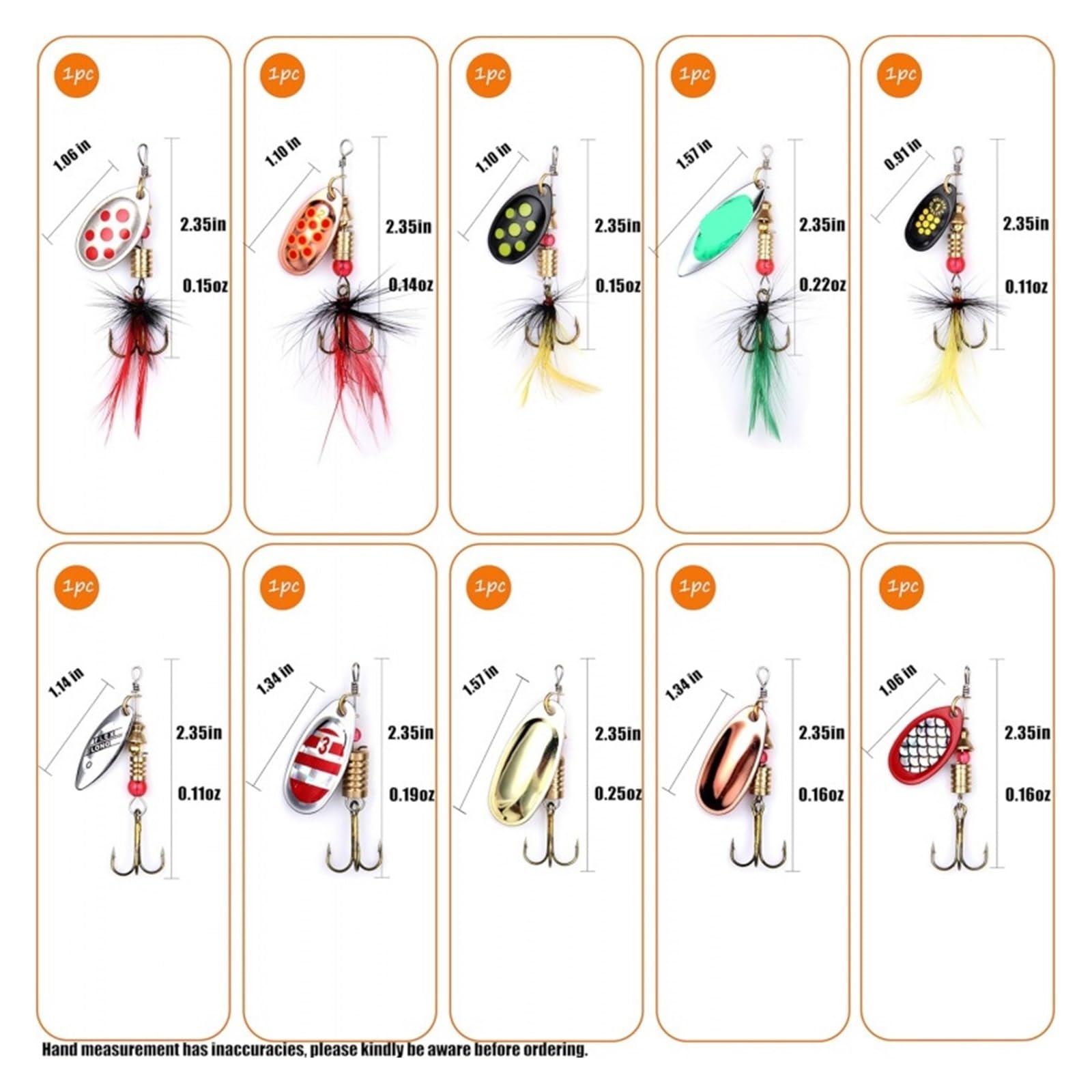 10-teiliger Angelköder Spinner-Köder mit Feder-Drillingshaken Hahnenschwanzlöffel for Barsch-Lachs-Forelle