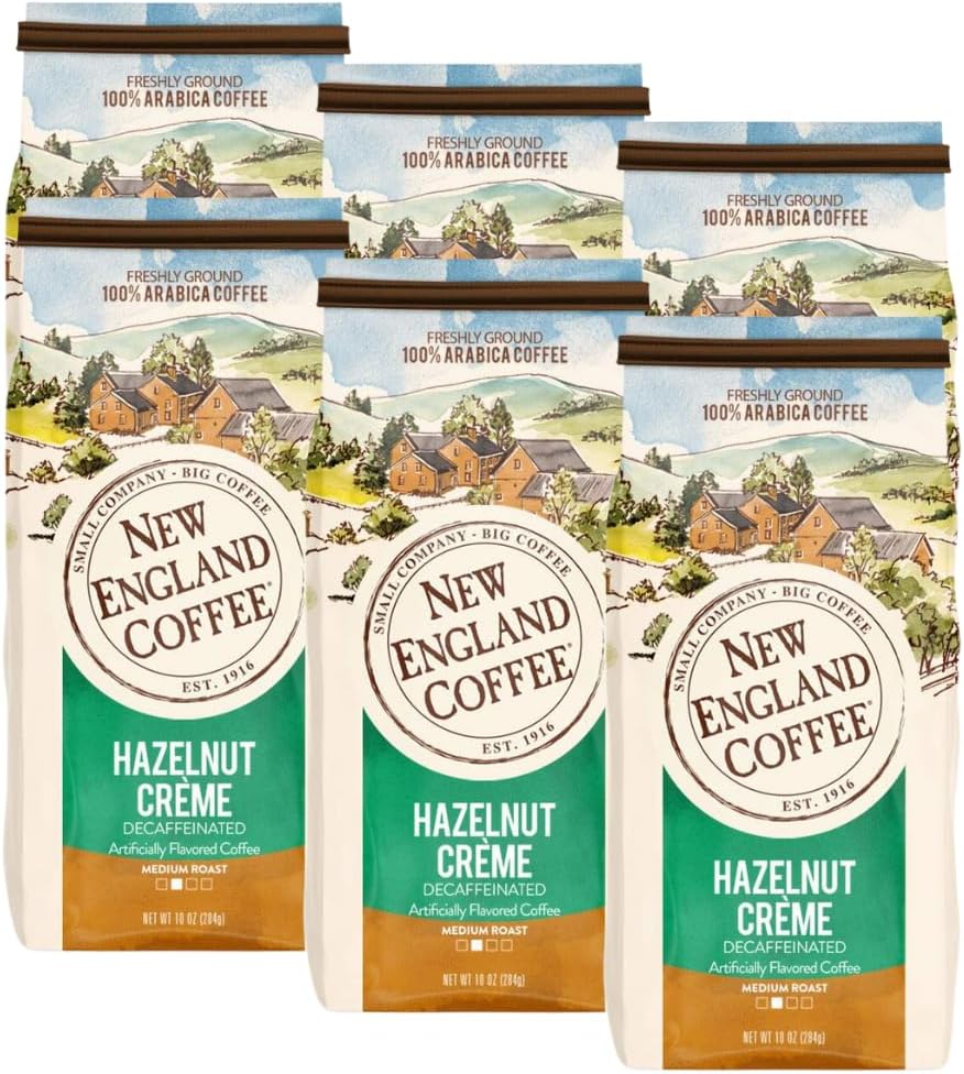 New England Coffee Hazelnut Creme Decaffeinated Medium Roast Ground Coffee, 10oz Bag (Pack of 6)